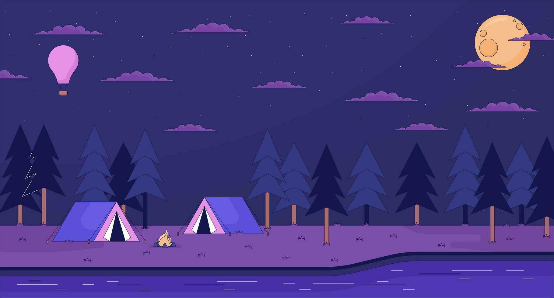 1820x980 Creepy woods camping site lofi wallpaper. Walking forest monster at campfire 2D scene cartoon flat illustration. River campsite spooky nightmare chill vector art, lo fi aesthetic colorful background 29158223 Vector Art