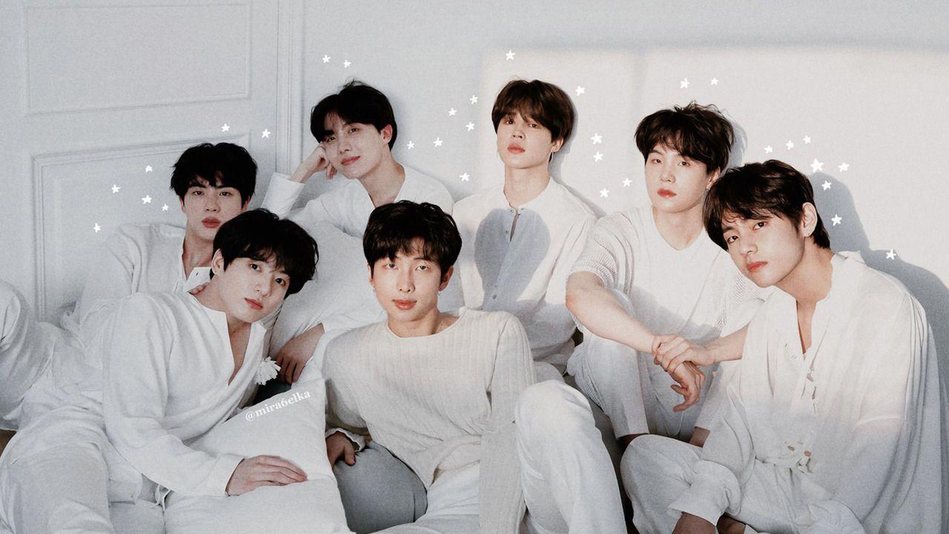 1920x1080 Jimin V Jungkook Jin Suga RM J Hope Are Wearing White Dress Sitting In White Wall Background HD BTS Wallpaper