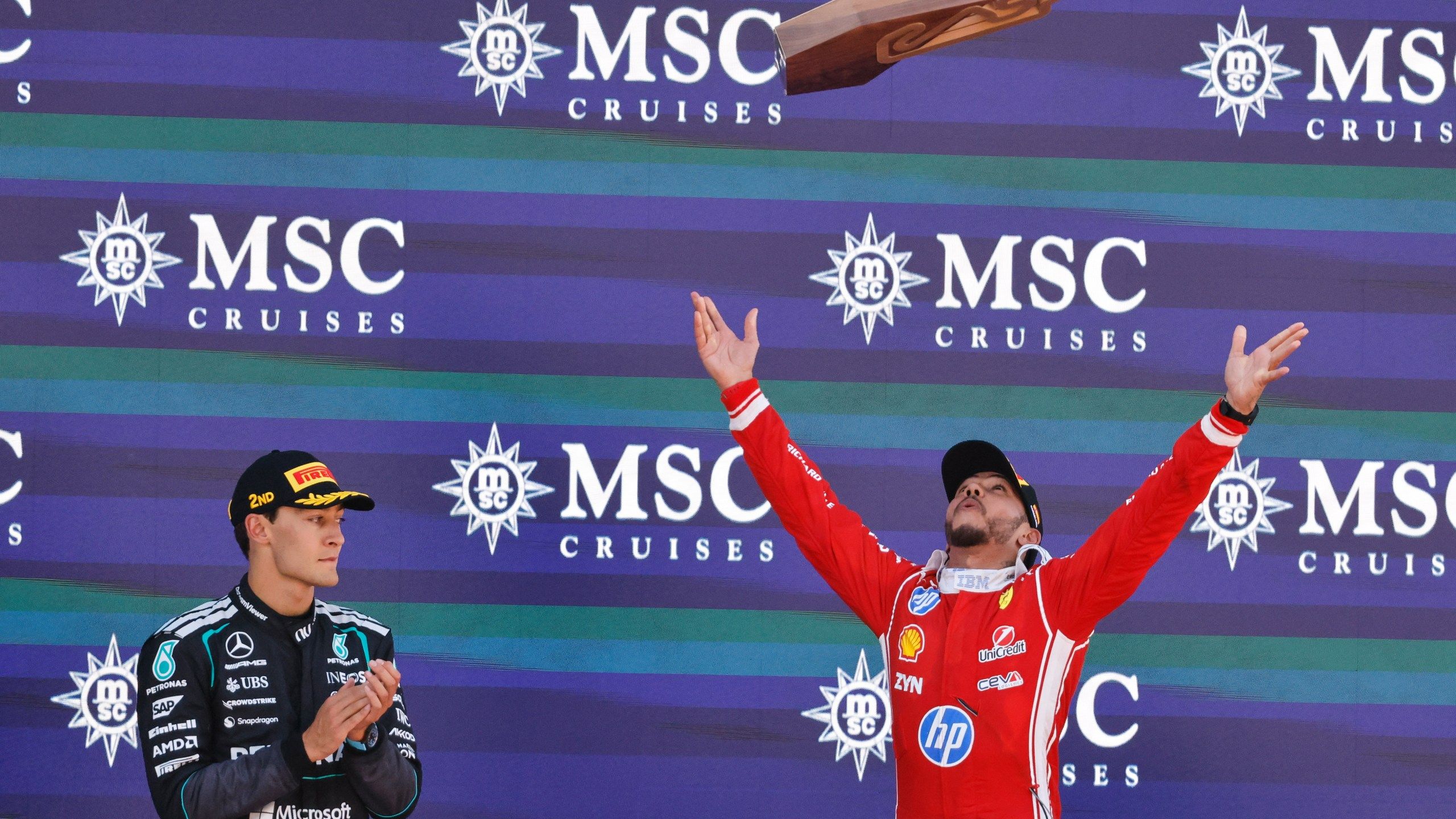 2560x1440 Hamilton celebrates 1st victory with Ferrari after winning Barcelona GP as Antonelli breaks down