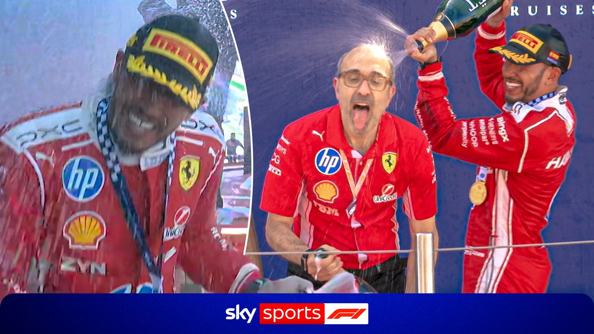 2048x1152 Lewis Hamilton Celebrated His First Ferrari Victory In Style After Winning The Barcelona Catalunya GP, Throwing His Trophy Into The Air Before The Champagne Spray Began
