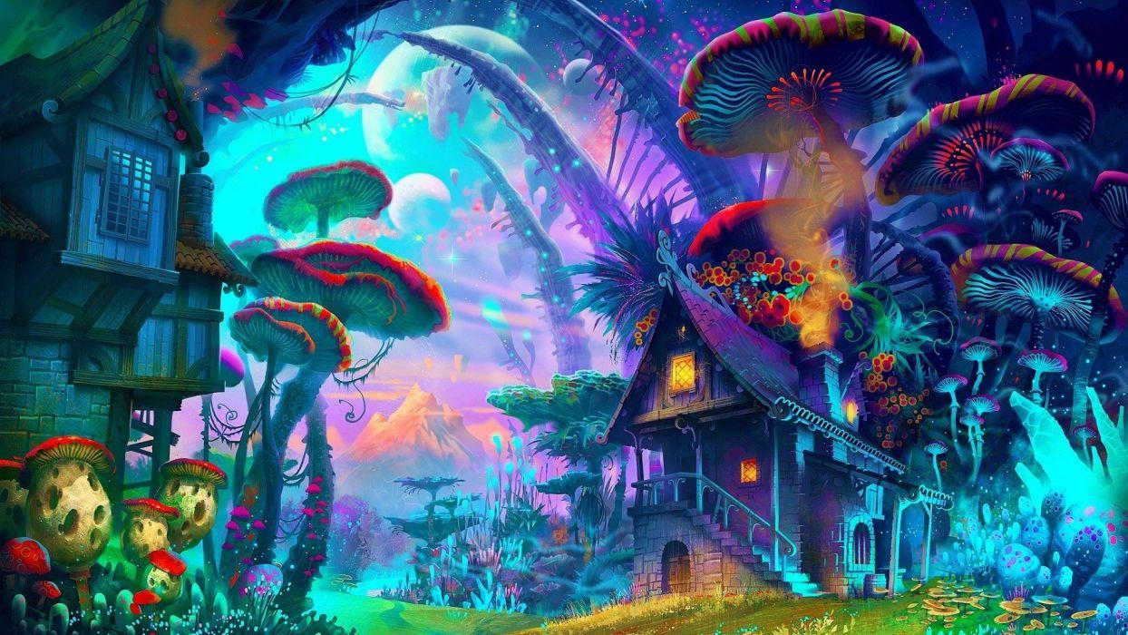1244x700 Colorful drawing fantasy Art house mountain mushroom nature planet plants psychedelic wallpaperx1080