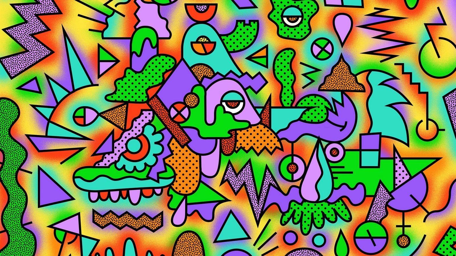 1600x900 Download wallpaper 1600x900 figurines, colorful, drawing, acid widescreen 16:9 HD background
