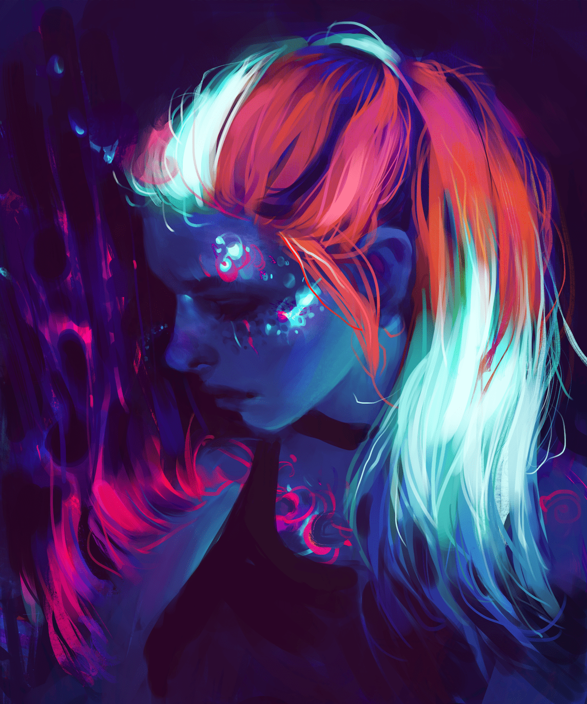 1200x1439 Colorful Drawing Women Long Hair Pigtails Looking Below Vertical Wallpaper:1200x1439