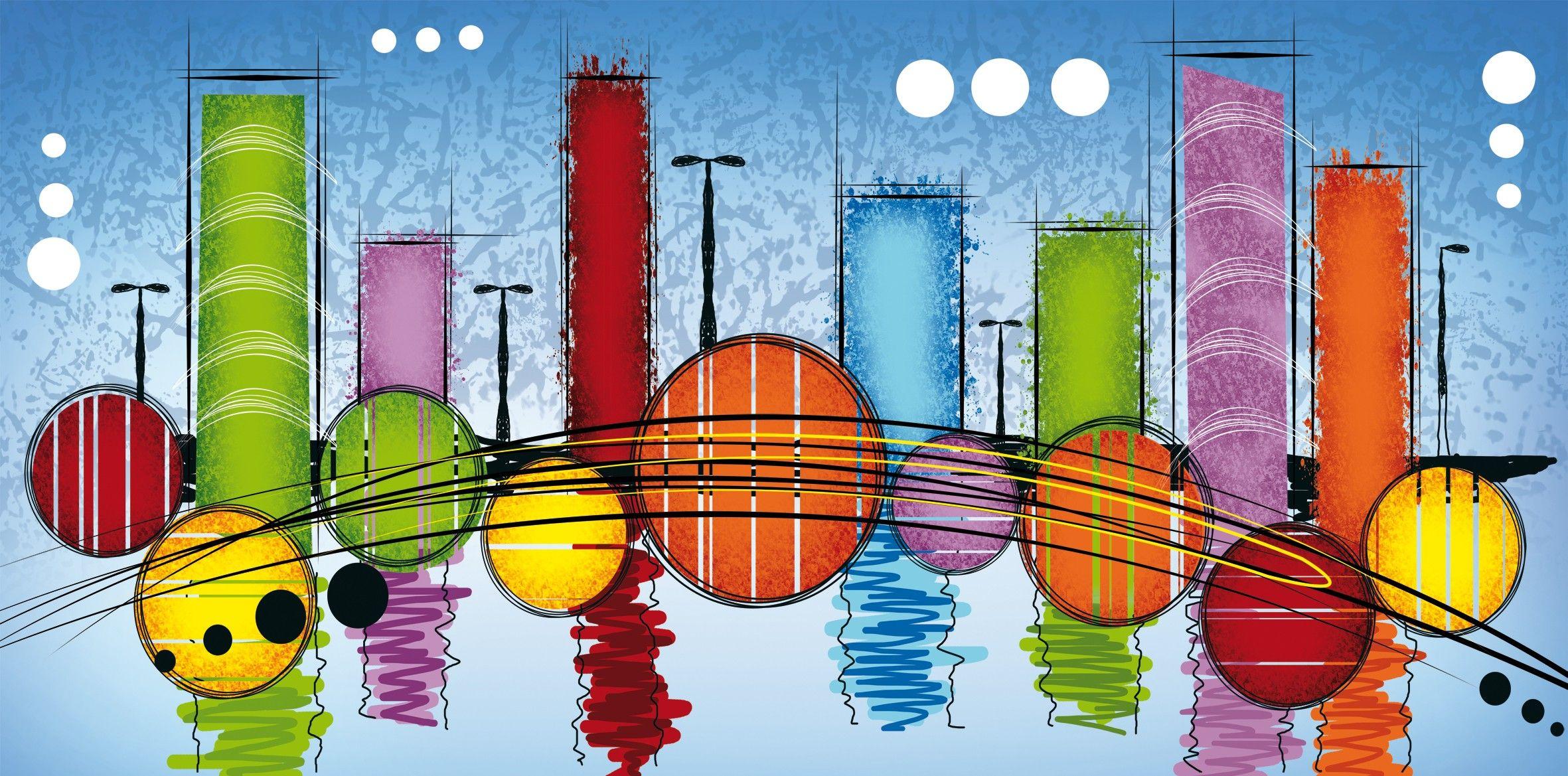 2362x1169 Abstract Digital Art Colorful Drawing Imagination Cityscape Circle Reflection Minimalism Wallpaper:2362x1169