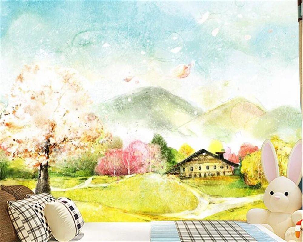 1000x800 beibehang wallpaper for walls 3D Beautiful Spring Garden Golden Meadow Fantasy Landscape Watercolor Korean Mural Wallpaper Wall. Wallpaper