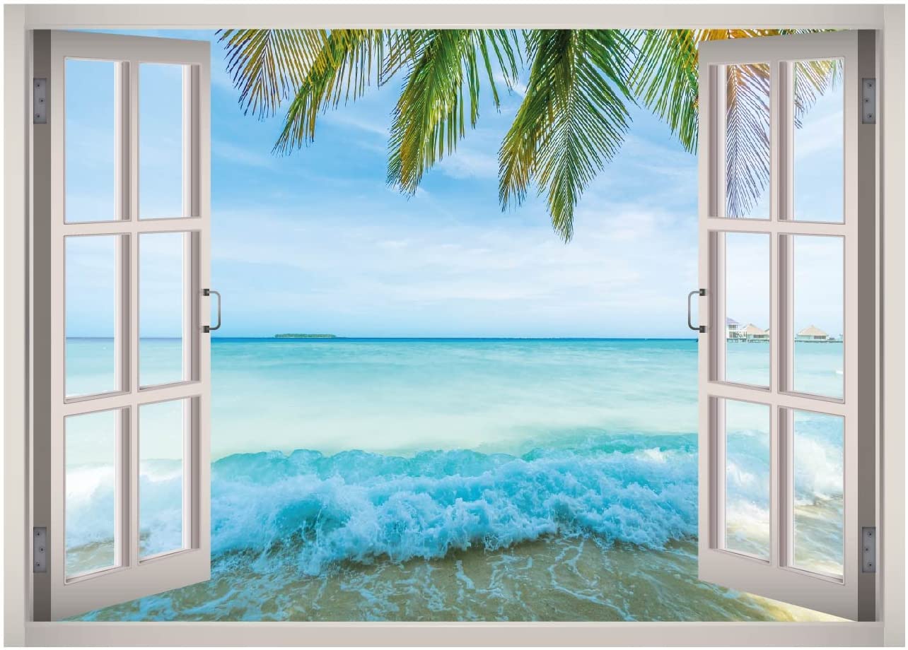 1284x920 Tropical Caribbean Beach View Window 3D Wall Decal Art Removable Wallpaper Mural Sticker Vinyl Home Decor West Mountain W133 (SMALL (24''W x 17''H)): Home & Kitchen