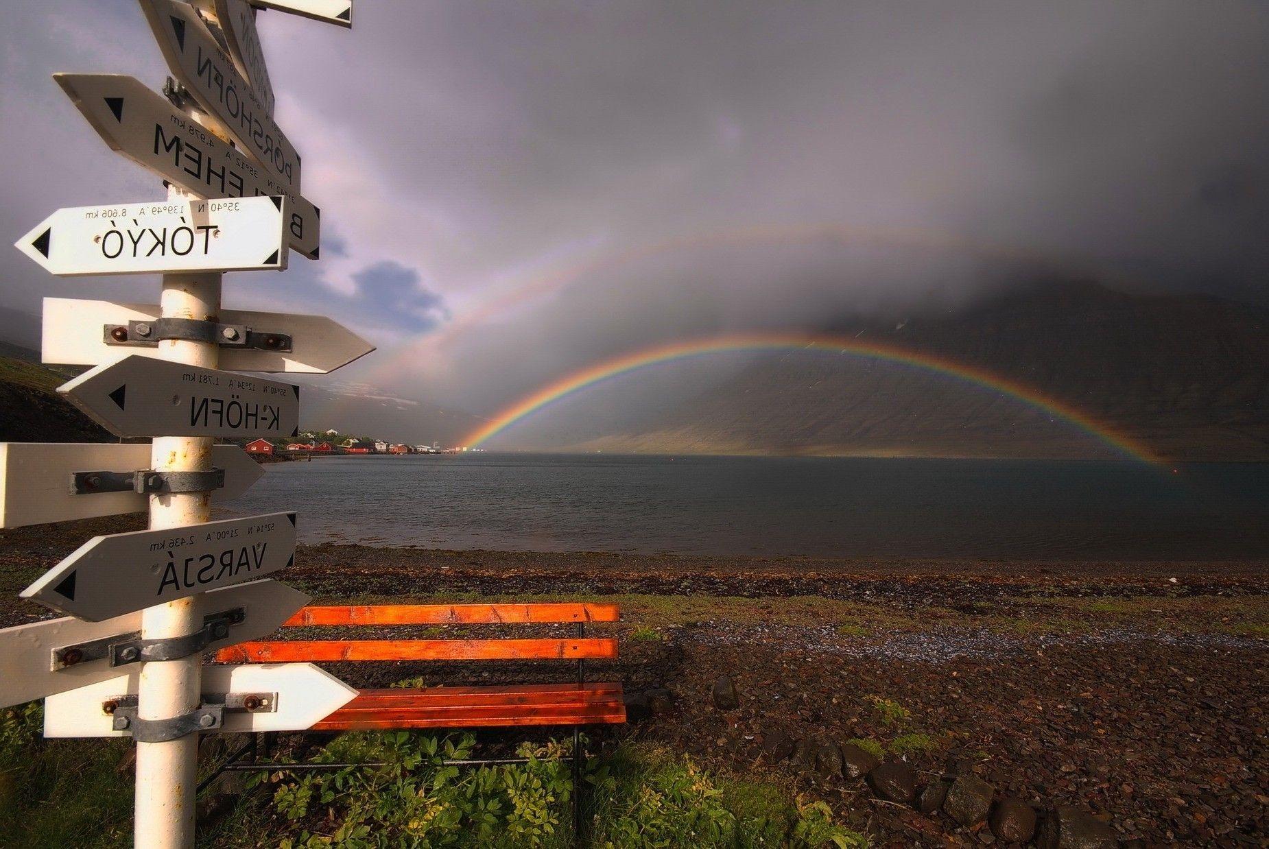 1850x1238 signs road sign bench rainbows landscape wallpaper