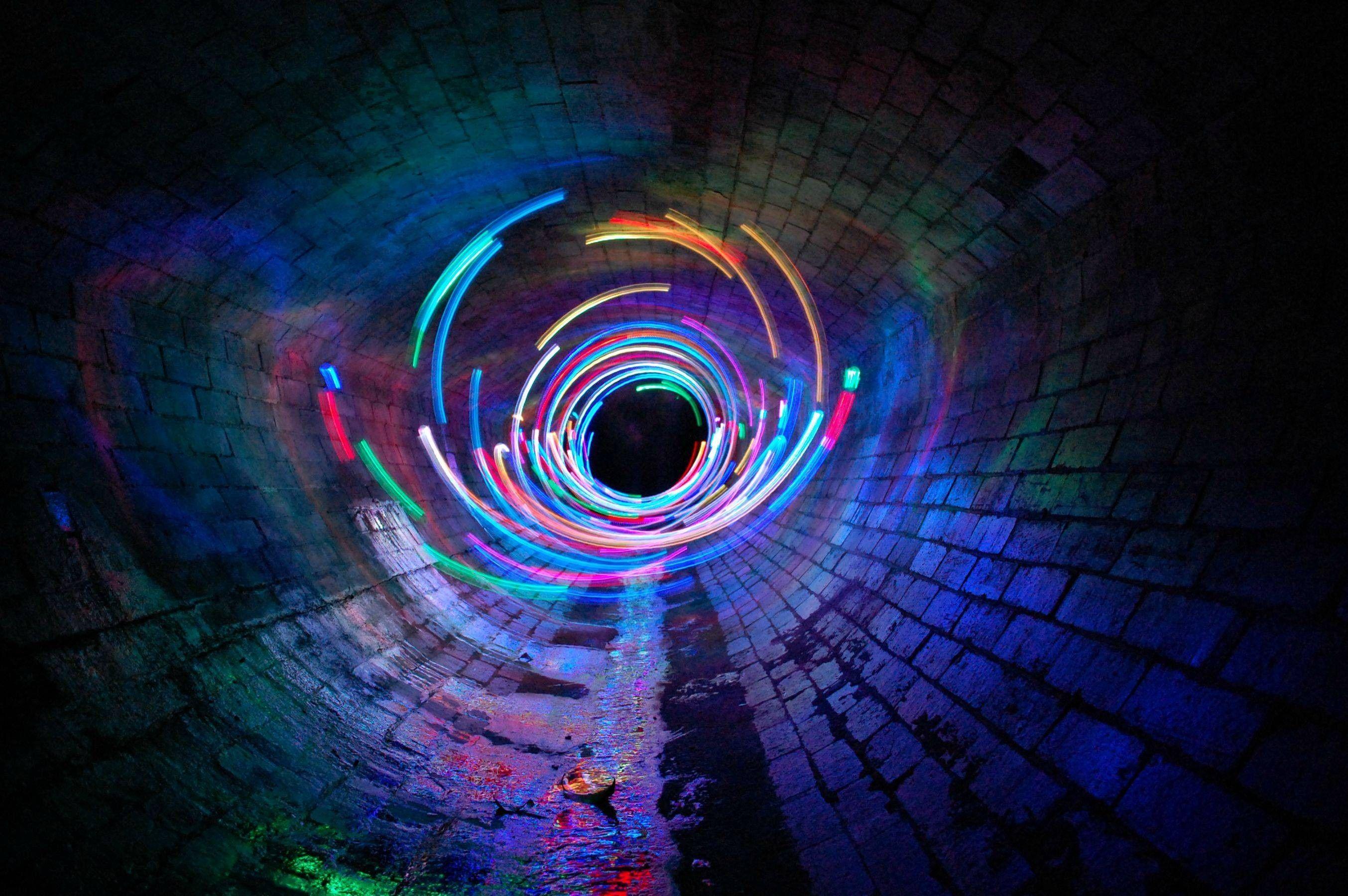 2707x1800 lights, #wall, #long exposure, #tunnel, #colorful, #shapes, #sewers, #digital art, #light painting, wallpaper. Light painting, Art, Fractal art