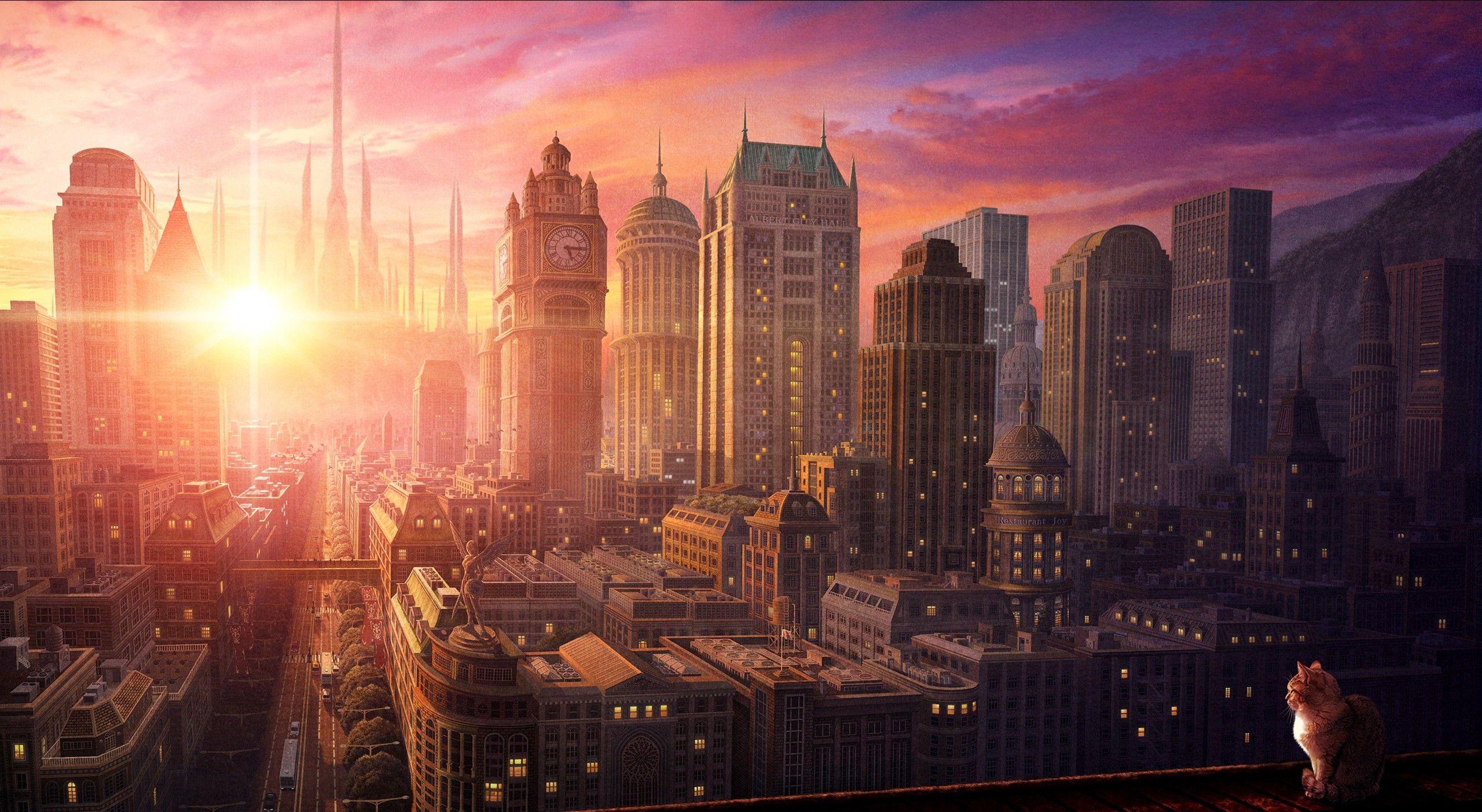 2560x1404 sunset cityscapes cats cartoonish skyscrapers 2560x1404 wallpaper High Quality Wallpaper, High Definition Wallpaper