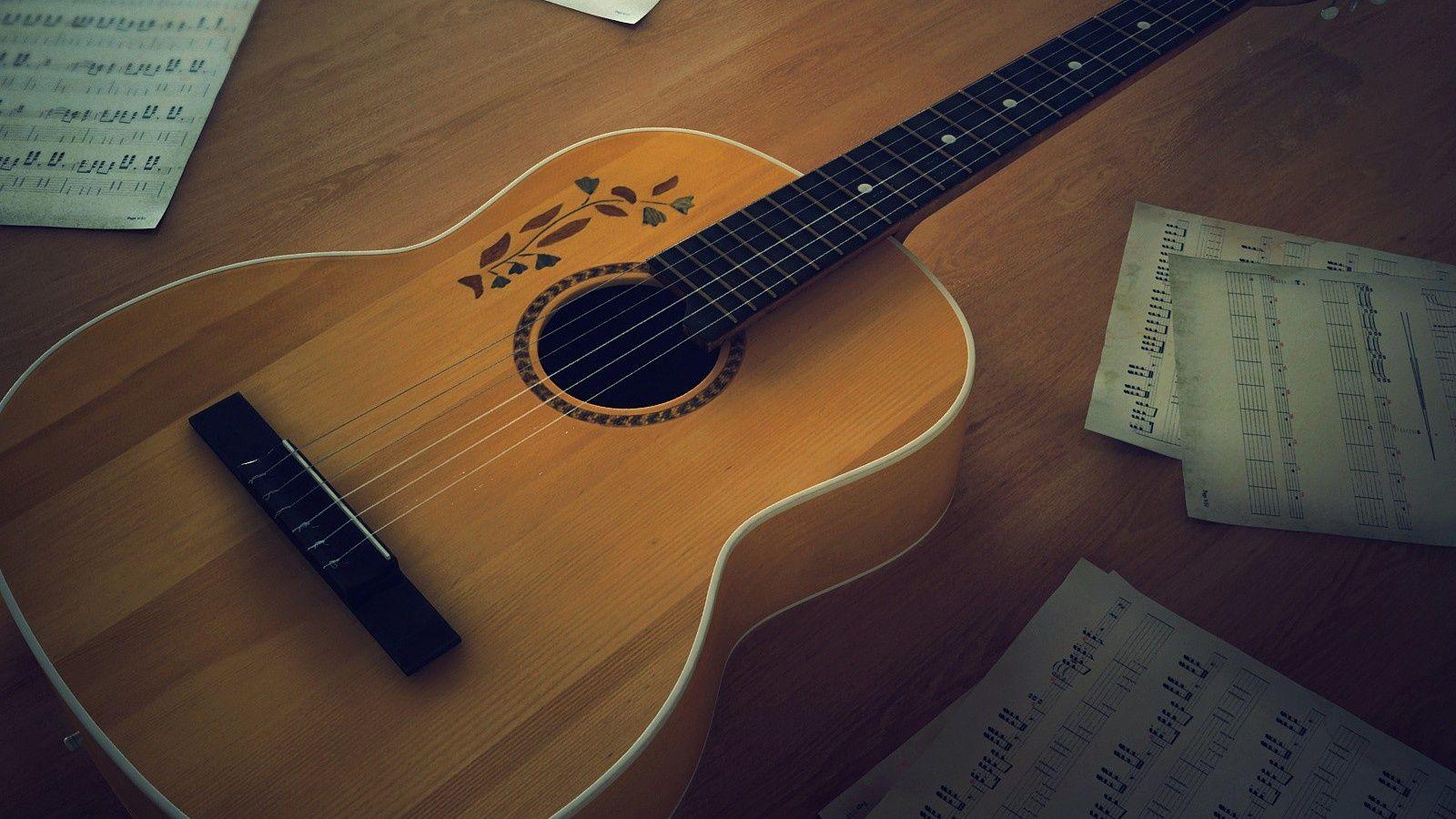 1600x900 Acoustic Guitar With Music Note Wallpaper