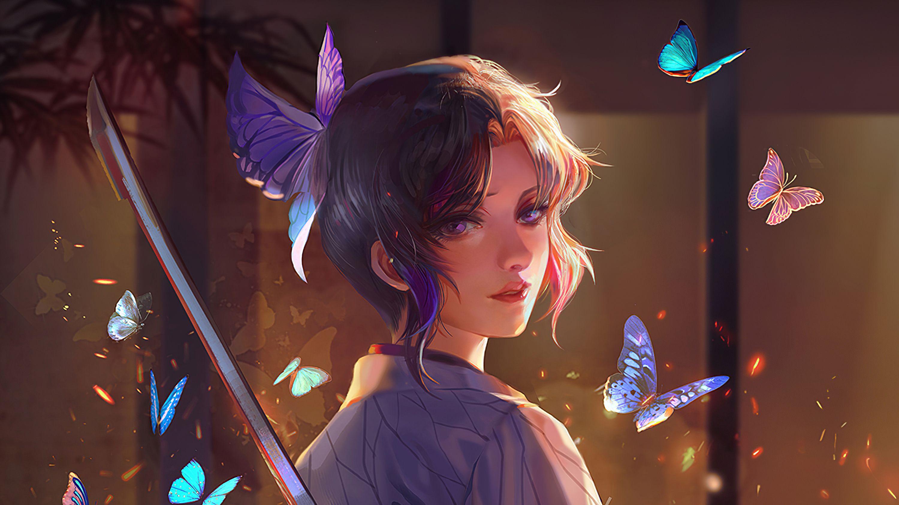 3000x1687 Butterfly On Fire Shinobu Kocho Fan Art 1366x768 Resolution HD 4k Wallpaper, Image, Background, Photo and Picture