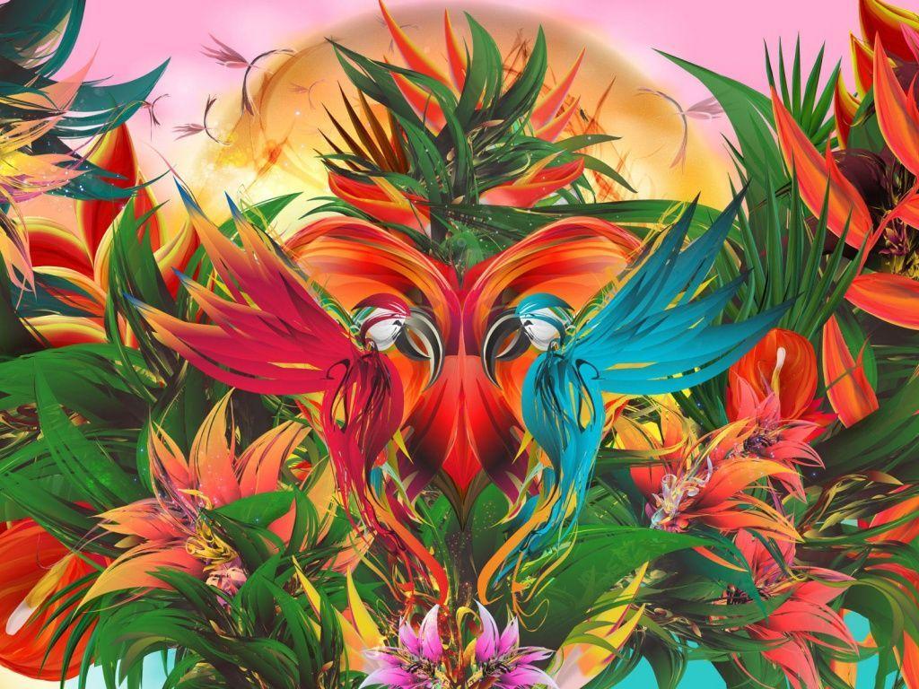 1024x768 Tropical Paradise Birds Couple wallpaper. Abstract, Jungle wallpaper, Art wallpaper