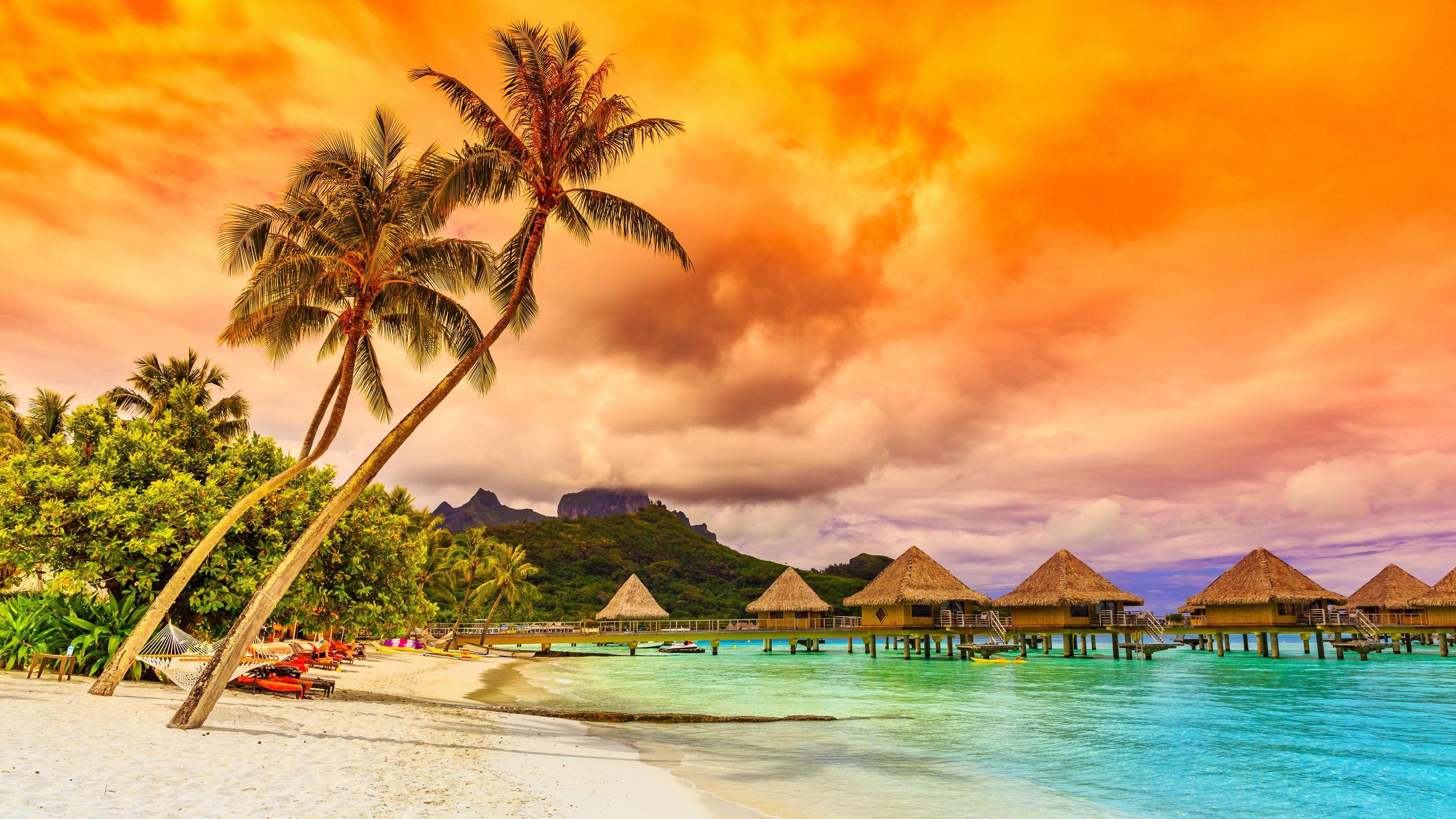 3840x2160 Sunset Tropical Sea Beach Bora Bora Bungalows In Water Pond Coconut Trees Red Sky Clouds HD Wallpaper For Deskх2160 :