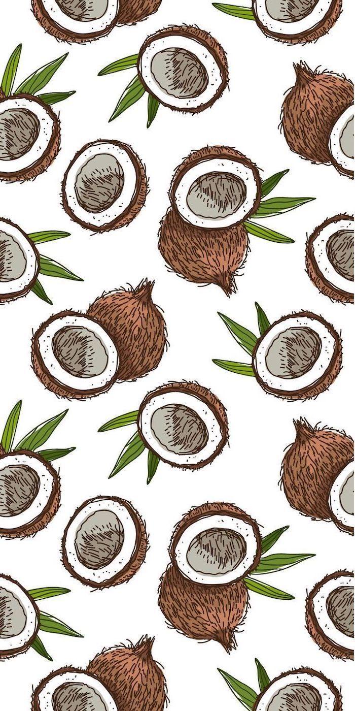 700x1400 Sliced Coconuts Green Leaves Drawing Cute Background For Girls White Background. Colorful Drawings, Background Phone Wallpaper, Cute Wallpaper