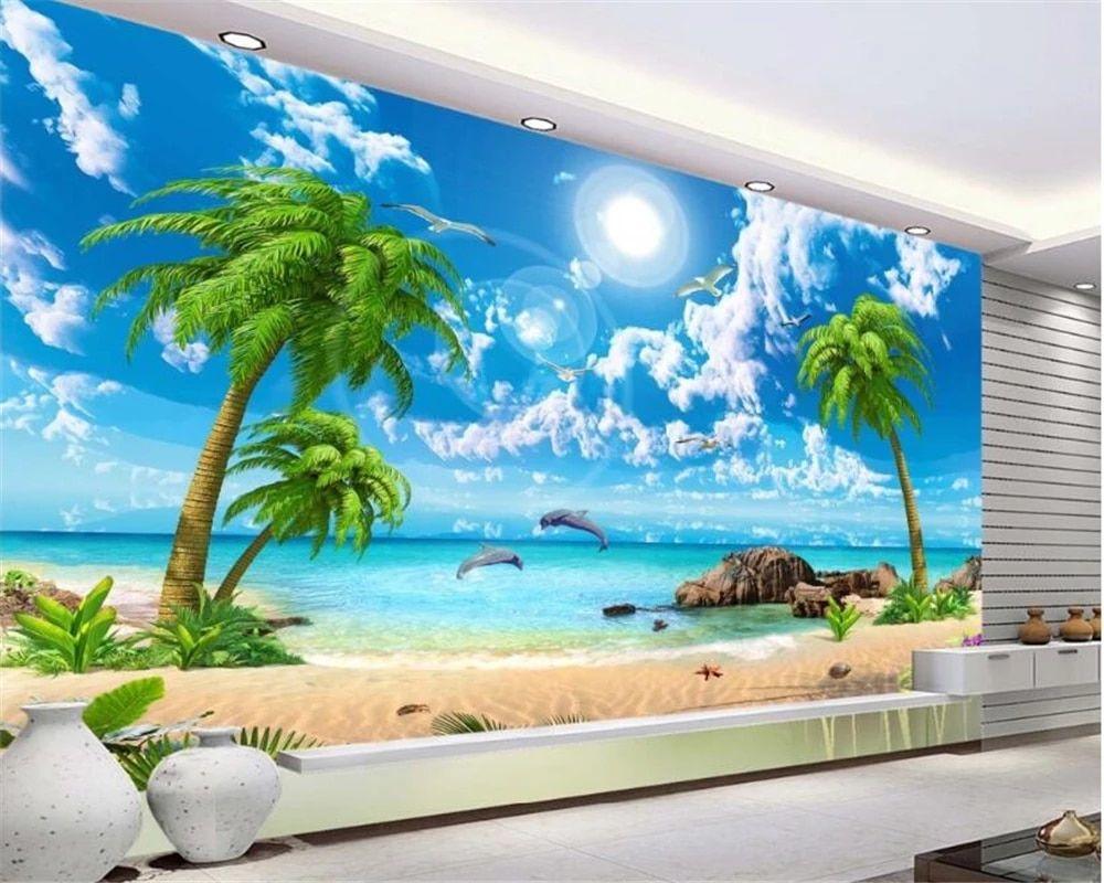 1000x800 beibehang 3D wallpaper HD Beautiful Dream Sea View Coconut Beach Landscape Wallpaper TV Wall Background papel de parede tapety. landscape wallpaper. 3D wallpaperwallpaper HD