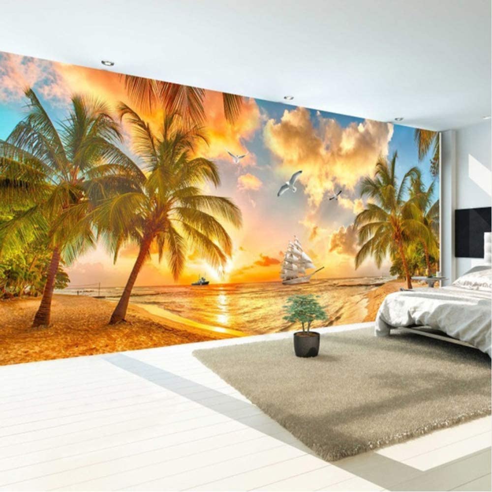 1000x1000 Pbldb Wall Mural Non Woven Wallpaper Beach Sunset Coconut Tree Nature Landscape Photo Backdrop Wallpaper For Living Room 280X200Cm: Furniture & Decor