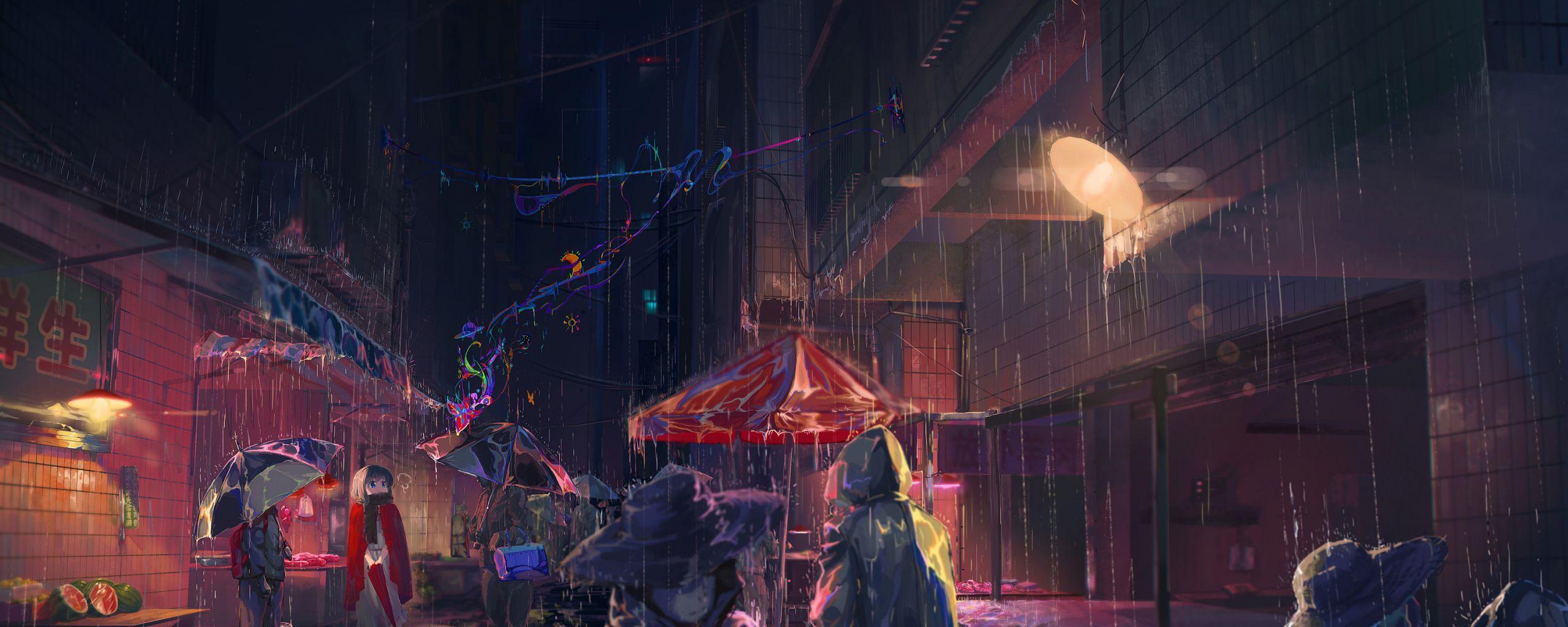2560x1024 Download 2560x1024 wallpaper rain, anime girl, umbrella, art, original, dual wide, wide 21: widescreen, 2560x1024 HD image, background, 4598