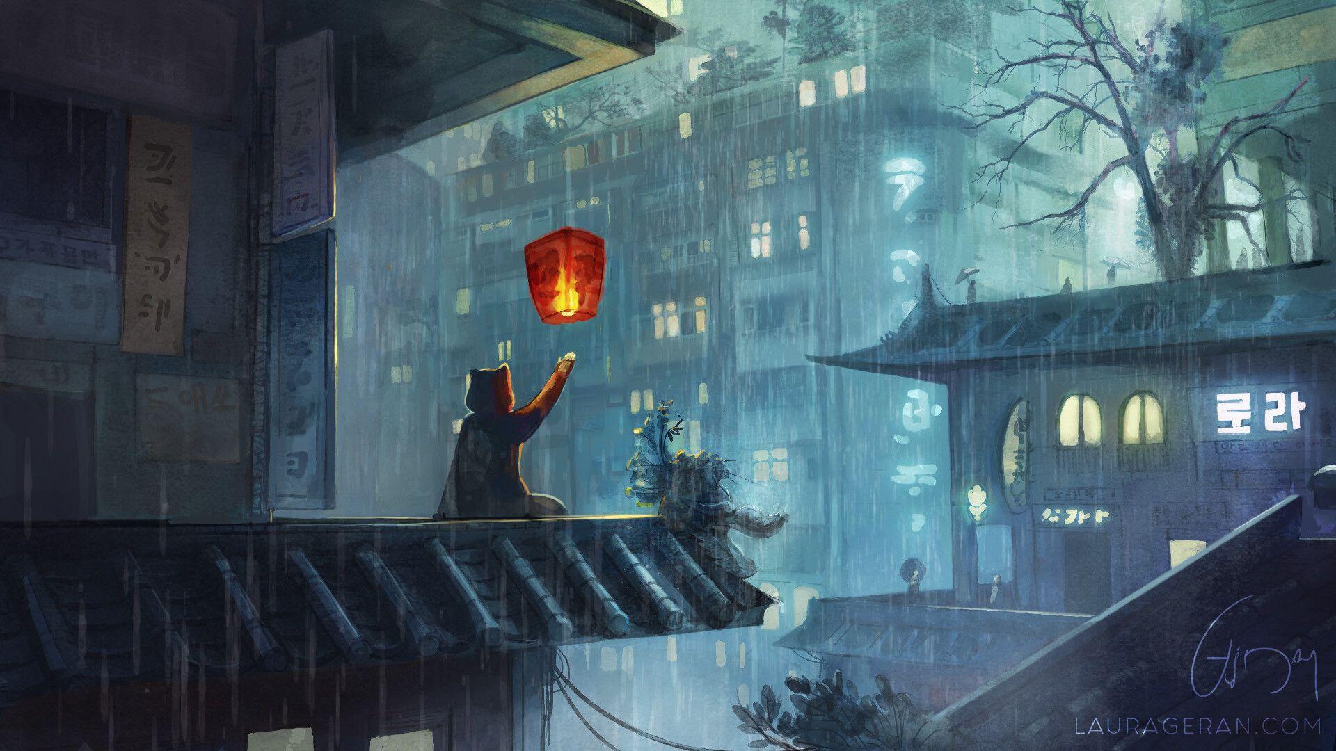 Anime City Rain Desktop Backgrounds