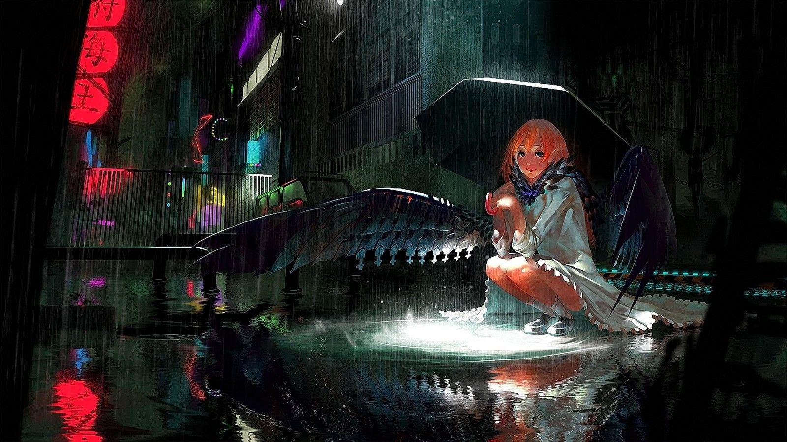 1600x900 #smiling, #umbrella, #original characters, #sitting, #pointed ears, #rain, #anime, #wings, #redhead, #city, #anime girls, wallpaper