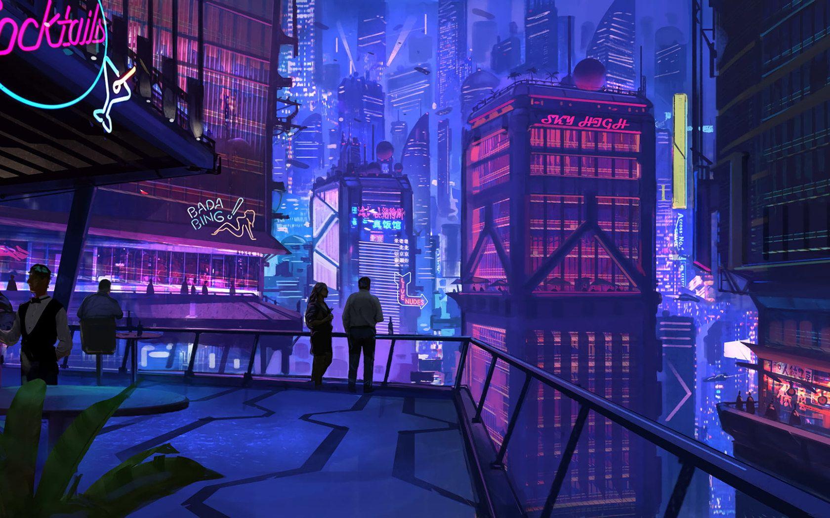 1680x1050 Pink and gray animated buildings illustration wallpaper, group of person standing in front of neon building • Wallpaper For You HD Wallpaper For Desktop & Mobile