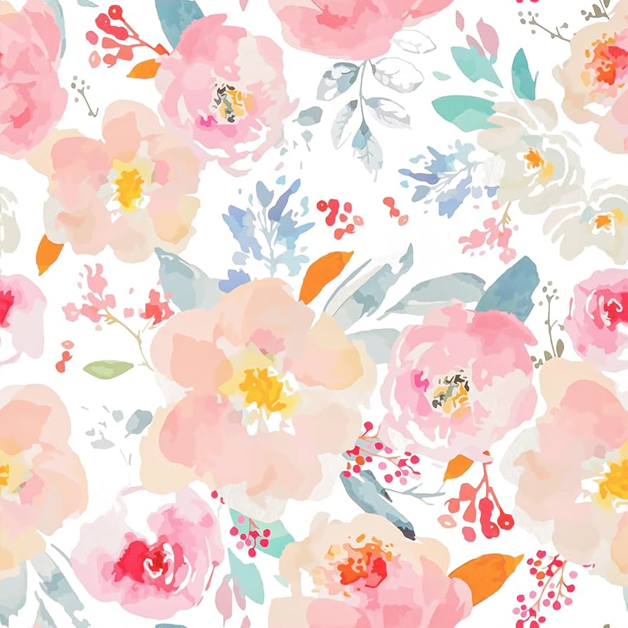 894x894 VEELIKE Soft Pastel Pink Floral Peel and Stick Wallpaper Vintage Watercolor Floral Wallpaper for Nursery Girls Room 17.7''x118'' Self Adhesive Waterproof Flower Wall Mural Contact Paper for Cabinets