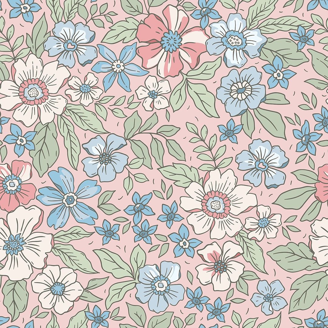 1080x1080 Gorgeous Gardenia Wallpaper in Soft Blue and Sage on Soft Pink