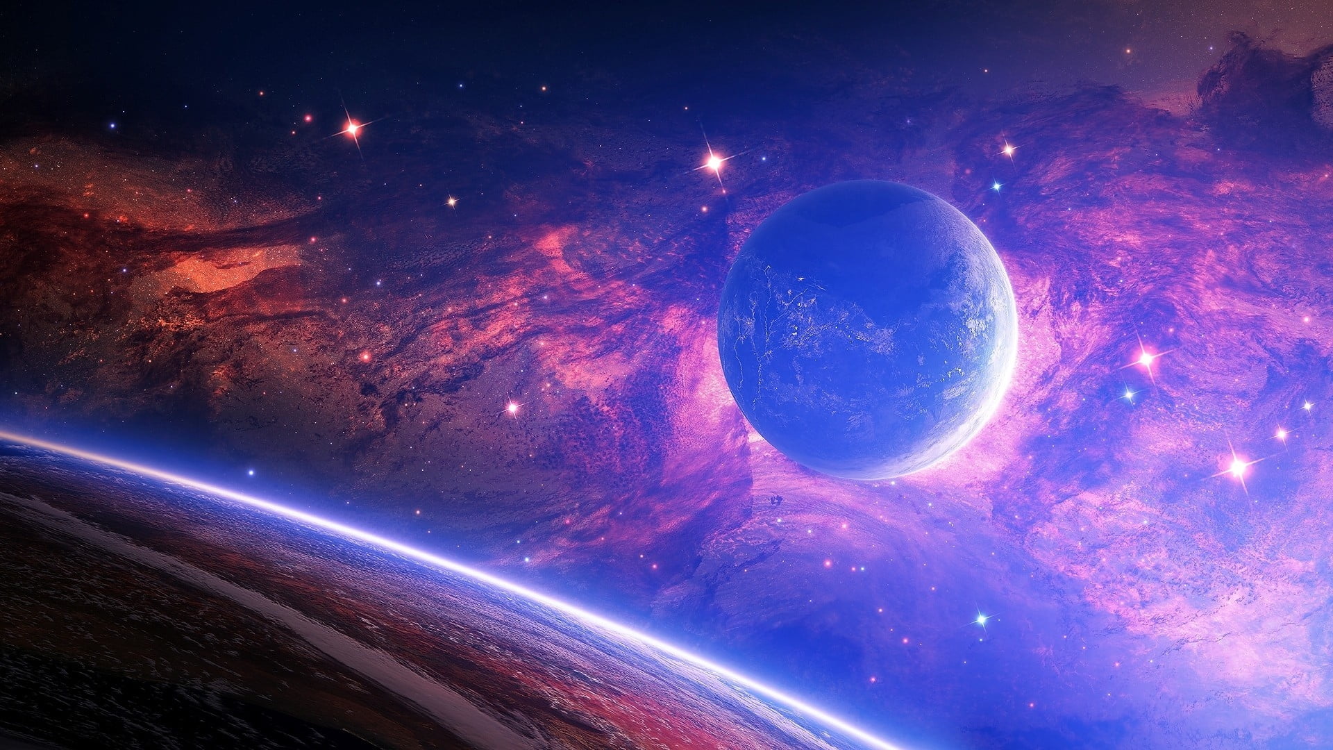 1920x1080 Blue planet near red stars wallpaper HD wallpaper
