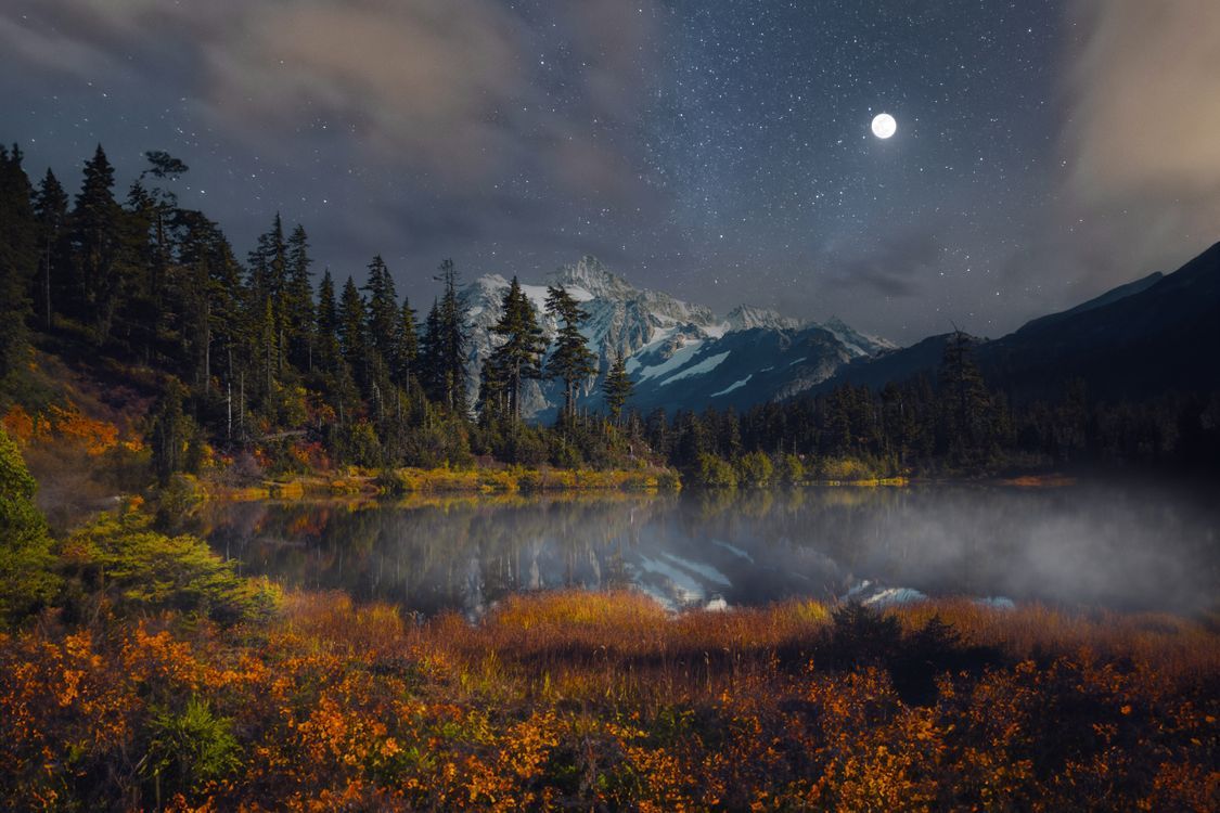 1125x750 Stars and Moon over Forest around Lake near Mountain at Night · Free