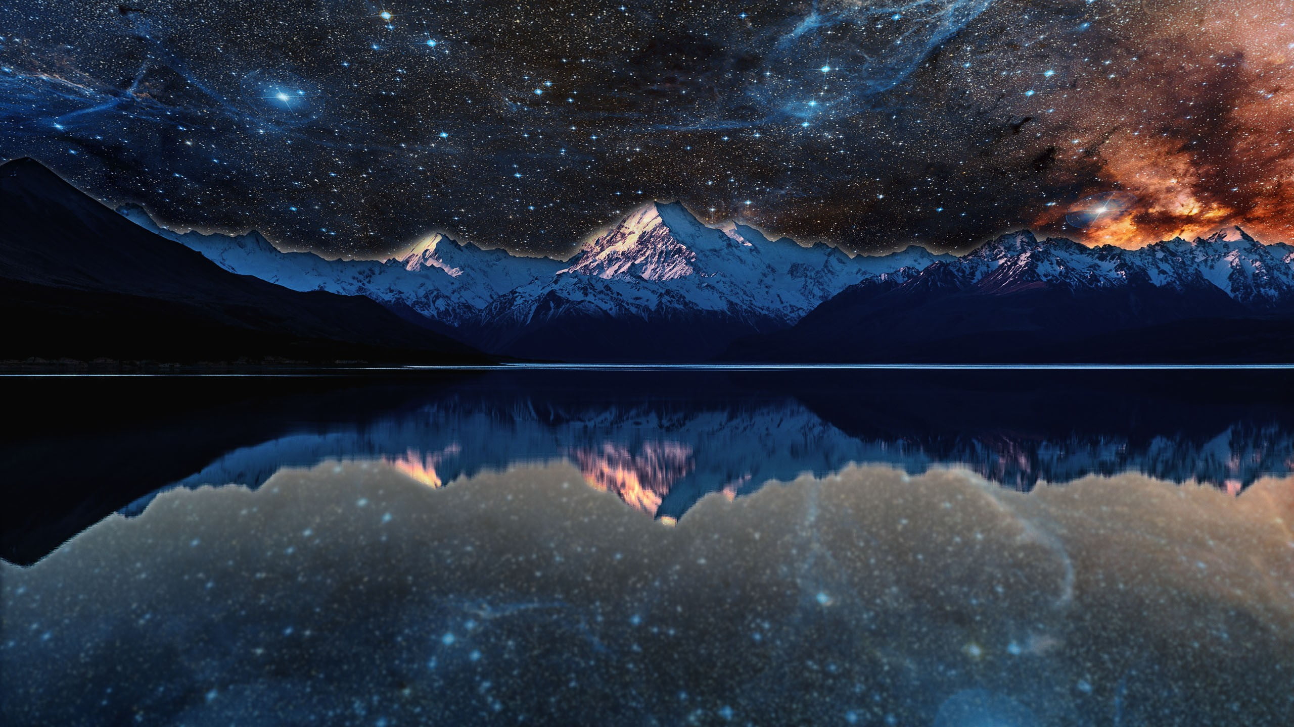 2560x1440 Mountain peak near water painting, nebula, lake, space, stars HD wallpaper
