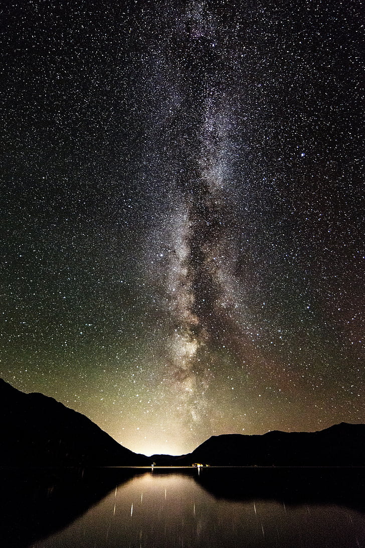 728x1092 Royalty Free Photo: Silhouette Photography Of Mountain Near Body Of Water During Starry Night