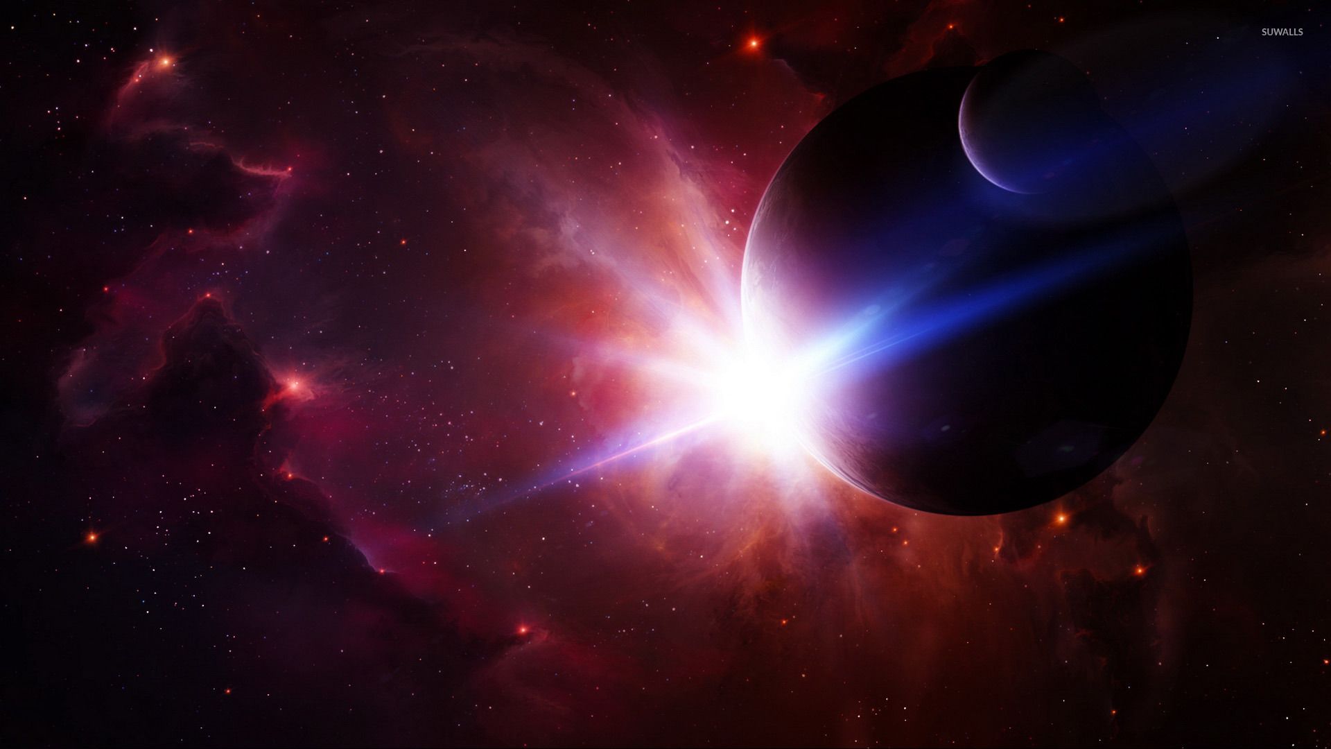 1920x1080 Red nebula near the planet wallpaper wallpaper