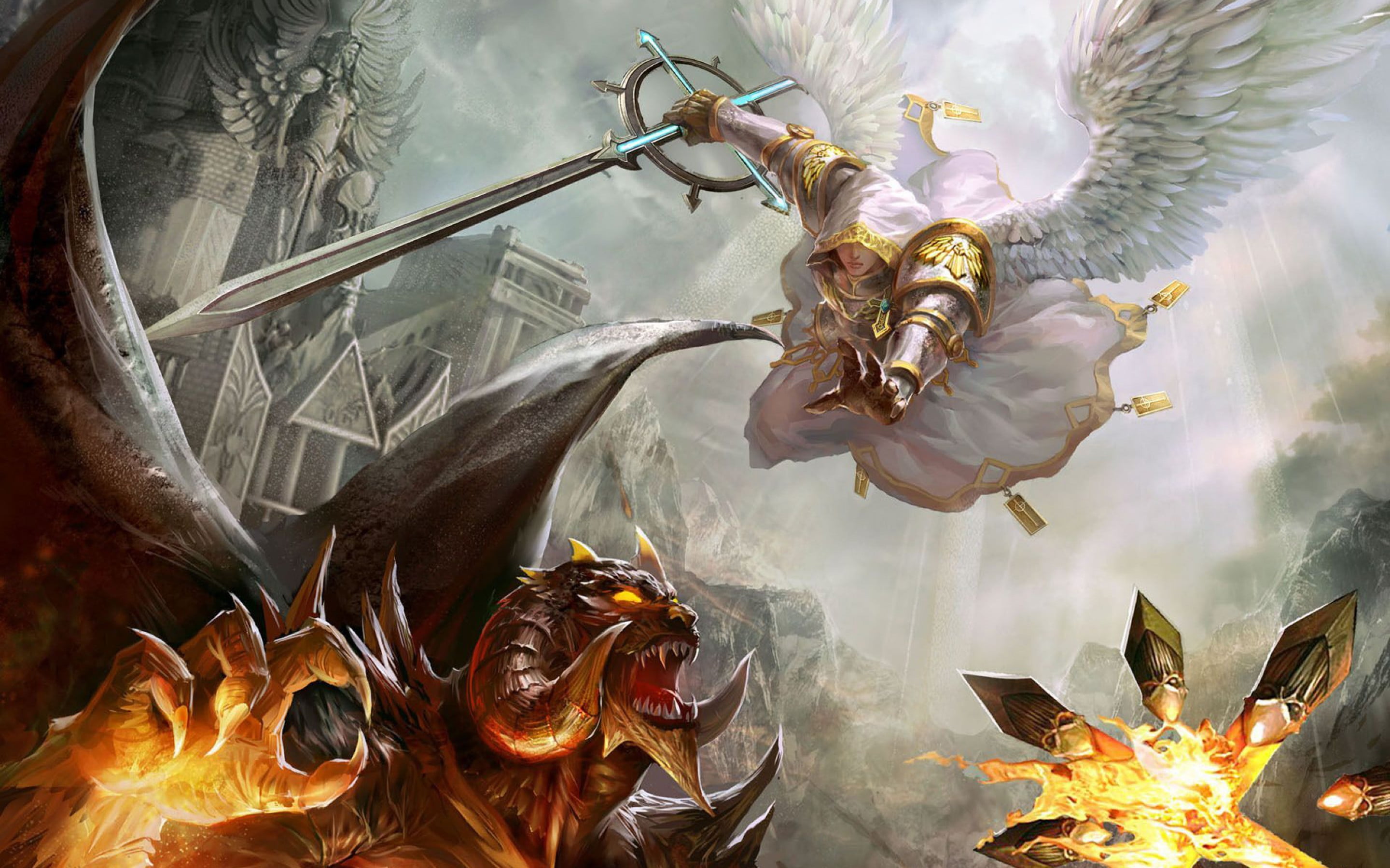 2880x1800 St. Michael and Diablo digital wallpaper, Heroes of Might And Magic fantasy art, demon, wings HD wallpaper