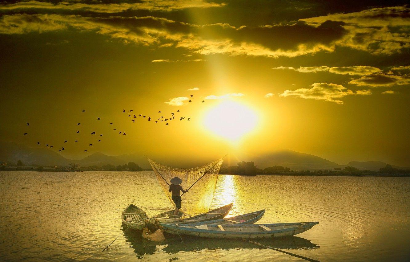 1332x850 Wallpaper the sun, clouds, light, sunset, mountains, birds, network, rendering, fishing, pack, boats, hat, China, Asia, pond, Asian image for desktop, section рендеринг