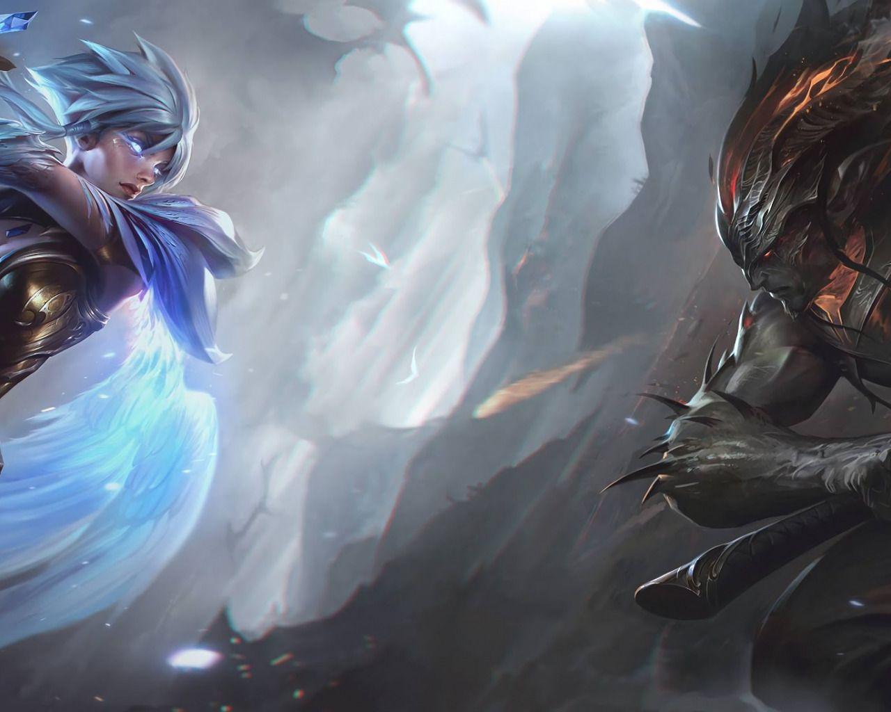 1280x1024 Download wallpaper Sword, Battle, Art, League of Legends, LoL, Riven, Artwork, League Of Legends, Yasuo, Yasuo, Riven, Versus, Dawn bringer, Nightbringer, section games in resolution 1280x1024