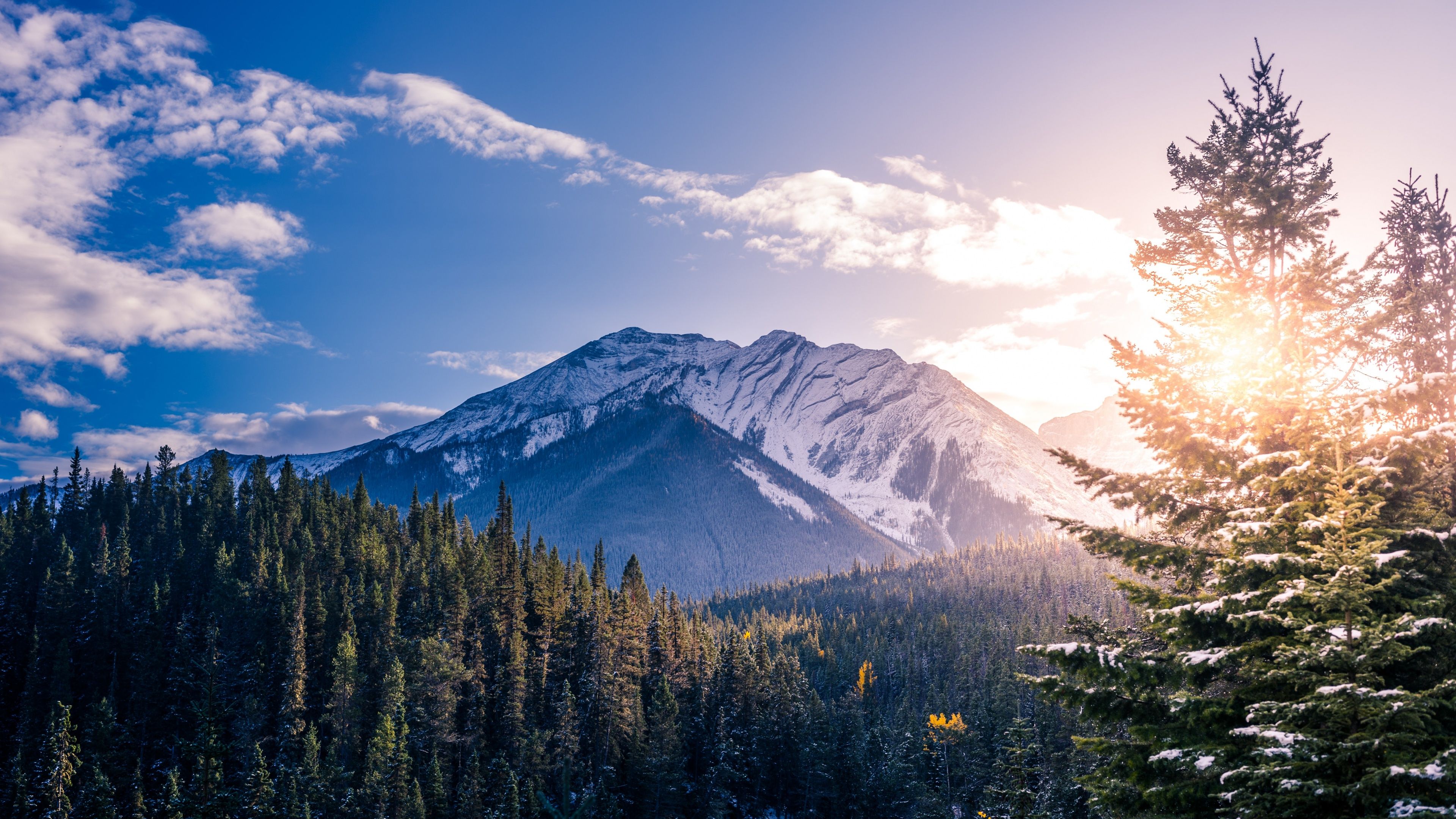 3840x2160 Snow mountains Wallpaper 4K, Pine trees, Clear sky, Clouds