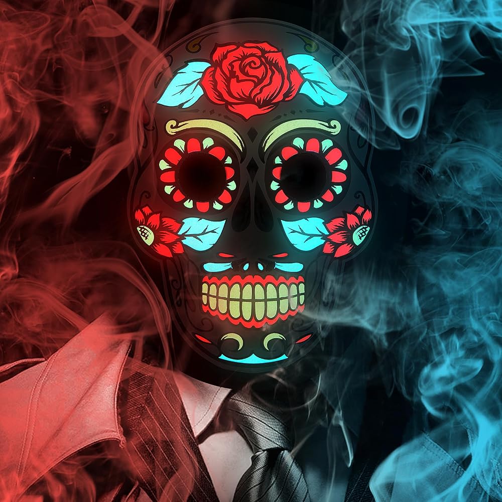 1000x1000 Meetory LED Halloween Mask for Adults, Light Up Day of the Dead Rose Mask with 3 Lighting Modes and Adjustable Headband, Halloween Face Maskes for Men Women : Amazon.co.uk: Toys & Games