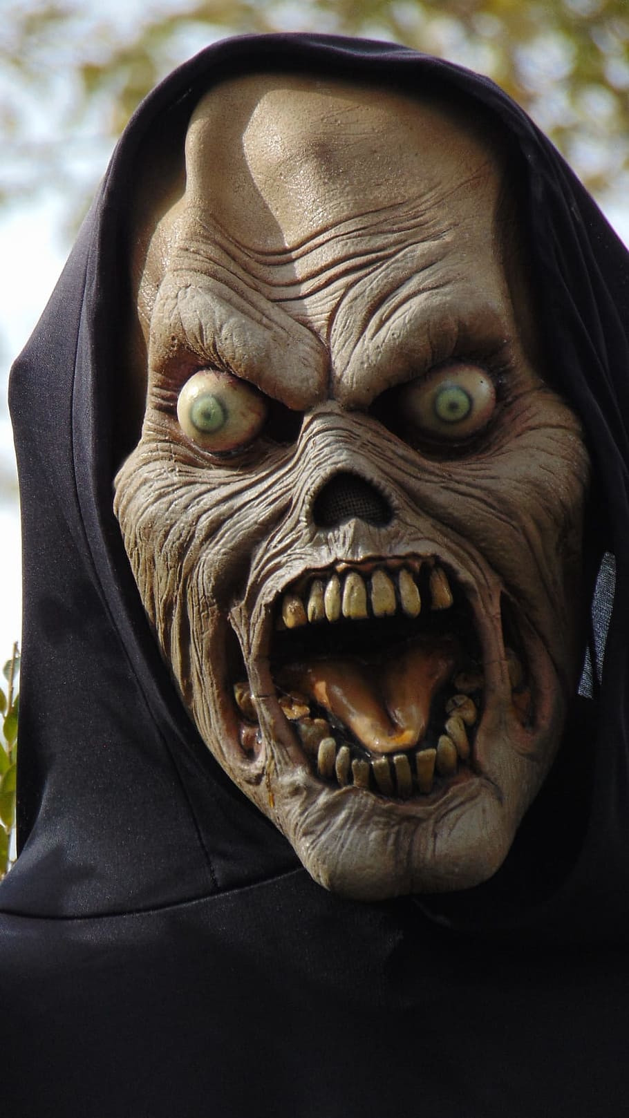 910x1618 HD wallpaper: zombie face with opened mouth mask, Halloween Mask, Costume, frightening