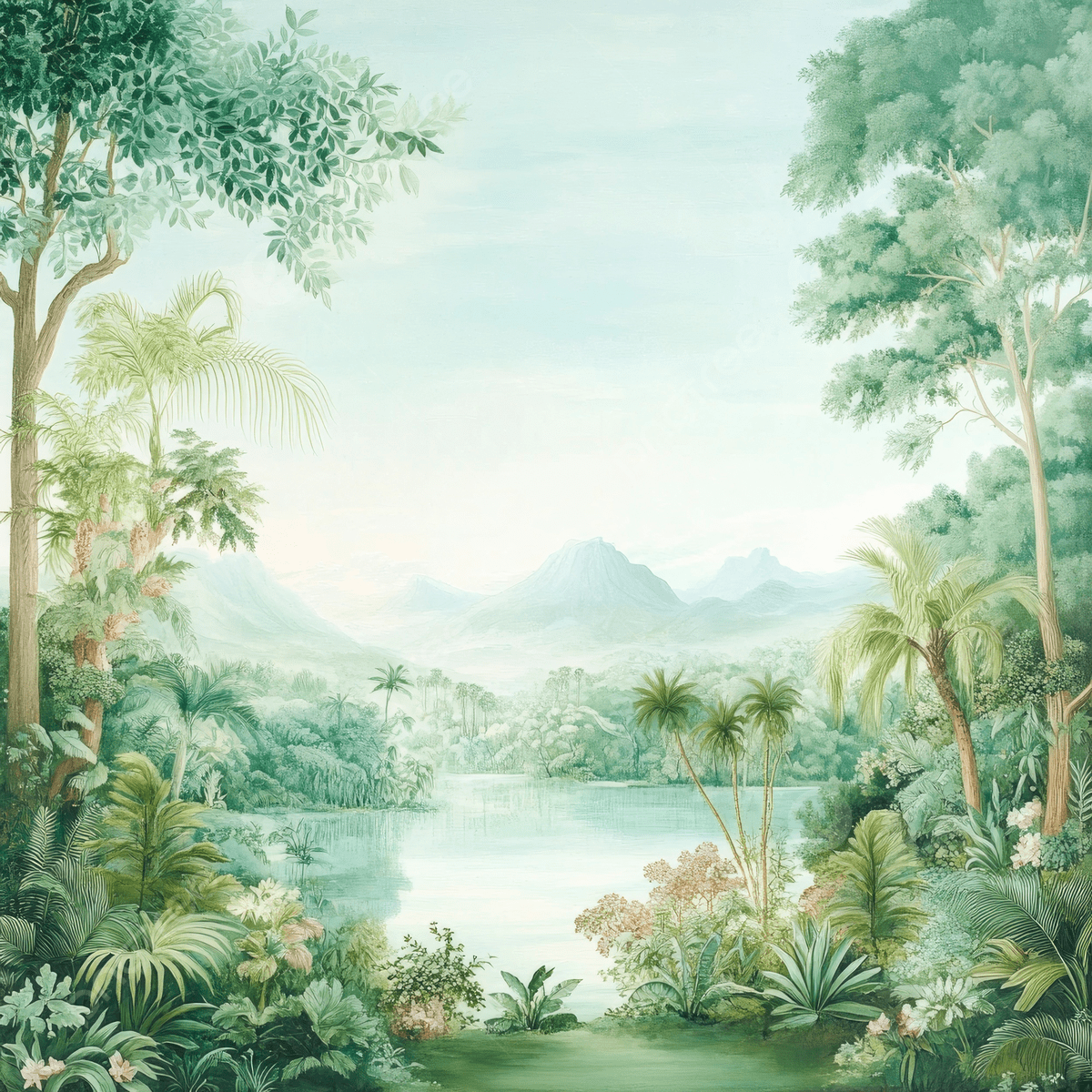 1200x1200 A Vintage Wallpaper Of Rainforest In Pastel Green Color, Rainforest, Vintage, Wallpaper Background Image And Wallpaper for Free Download