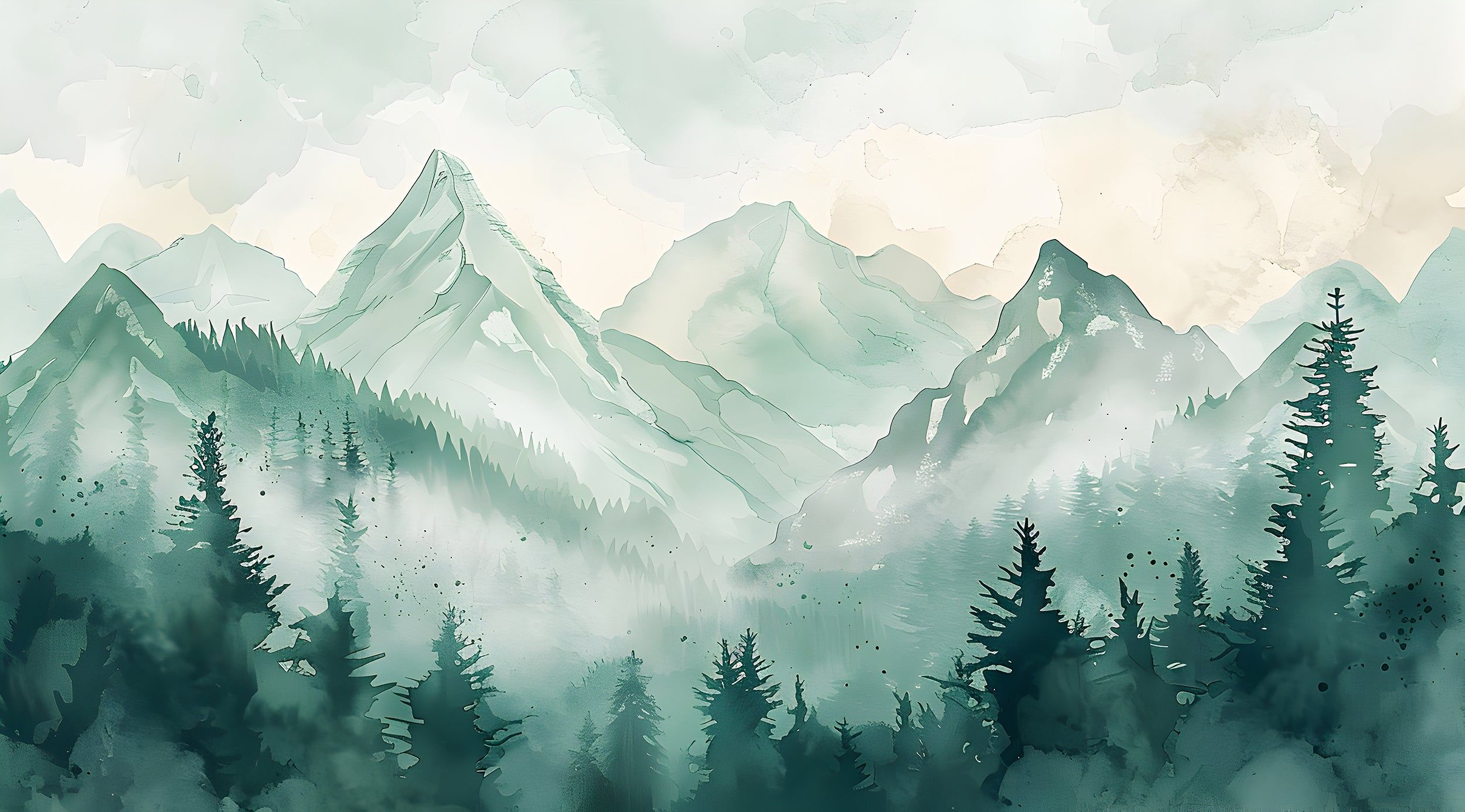 2500x1386 Soft Green Mountains Wallpaper, Watercolor Wild Forest Mural, Self Adhesive Removable Pastel Green Foggy Mountain Landscape Decor & Stick