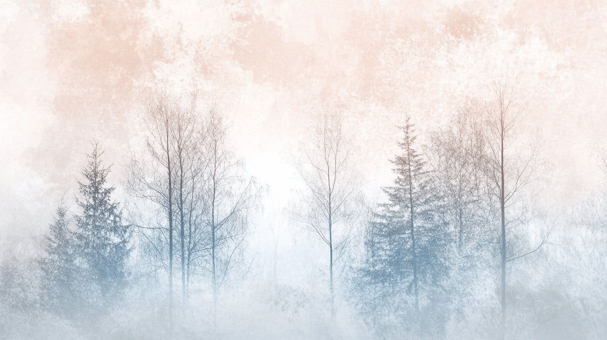 1214x680 Forest Mural Wallpaper. Misty Trees in Pastel Watercolor
