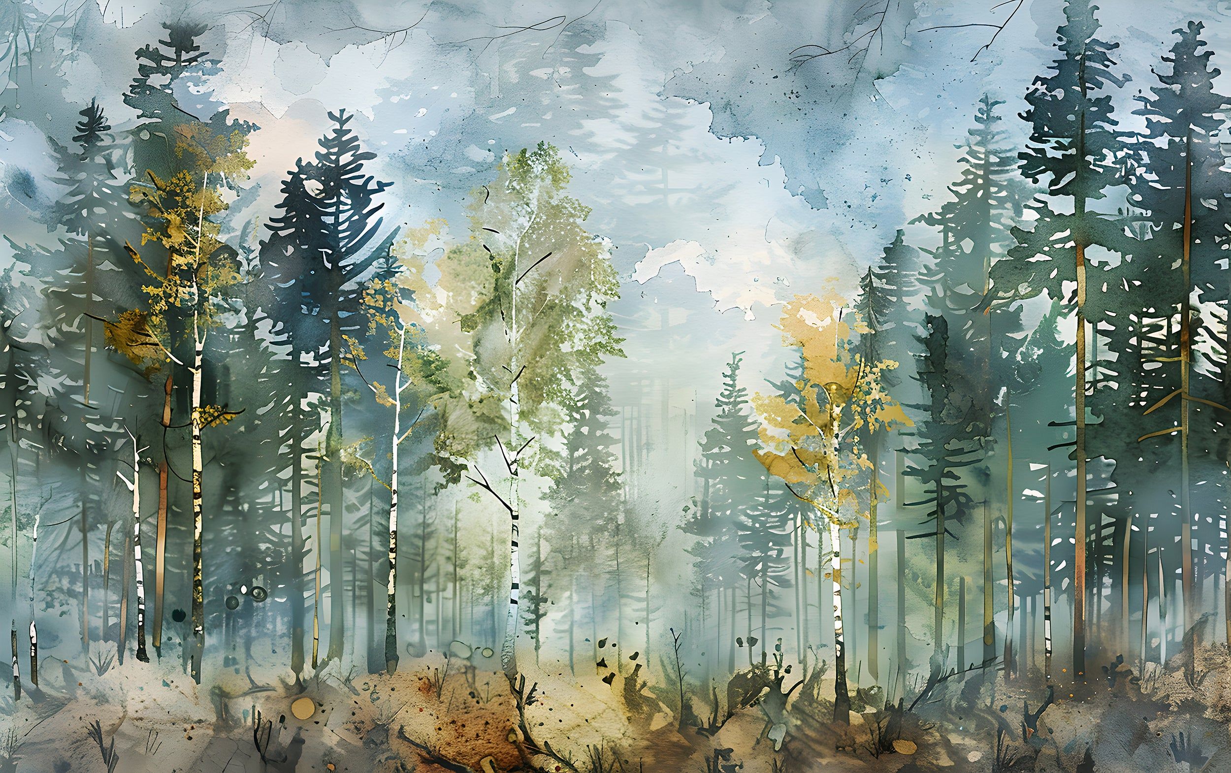 2500x1570 Birch Forest Wallpaper, Watercolor Woodland Mural, Pastel Colors Trees Wall Art, Peel and Stick Birches Decal, Removable Wild Nature Wallpaper