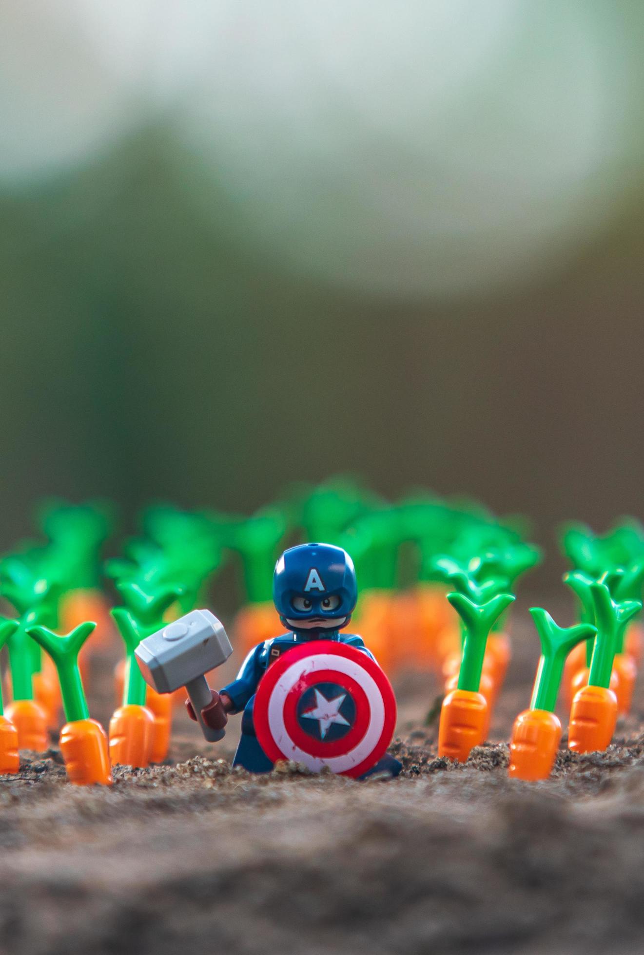 1321x1960 Warsaw 2020 super hero minifigure Avenger Captain America in the field of carrots