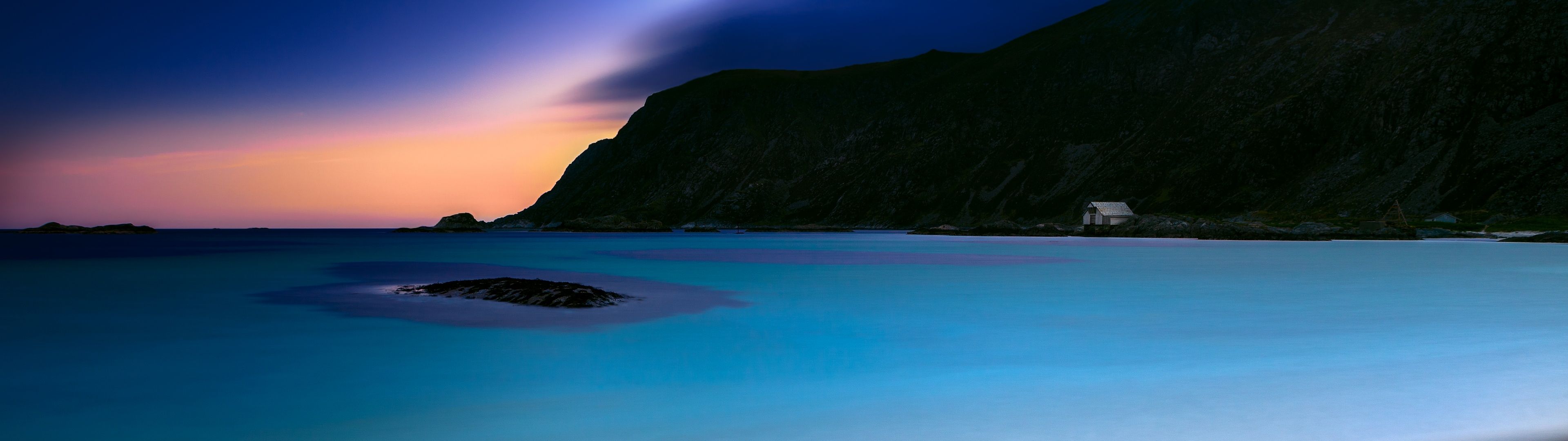 3840x1080 Grotlesanden Beach Wallpaper 4K, Sunset, Norway, Coastal