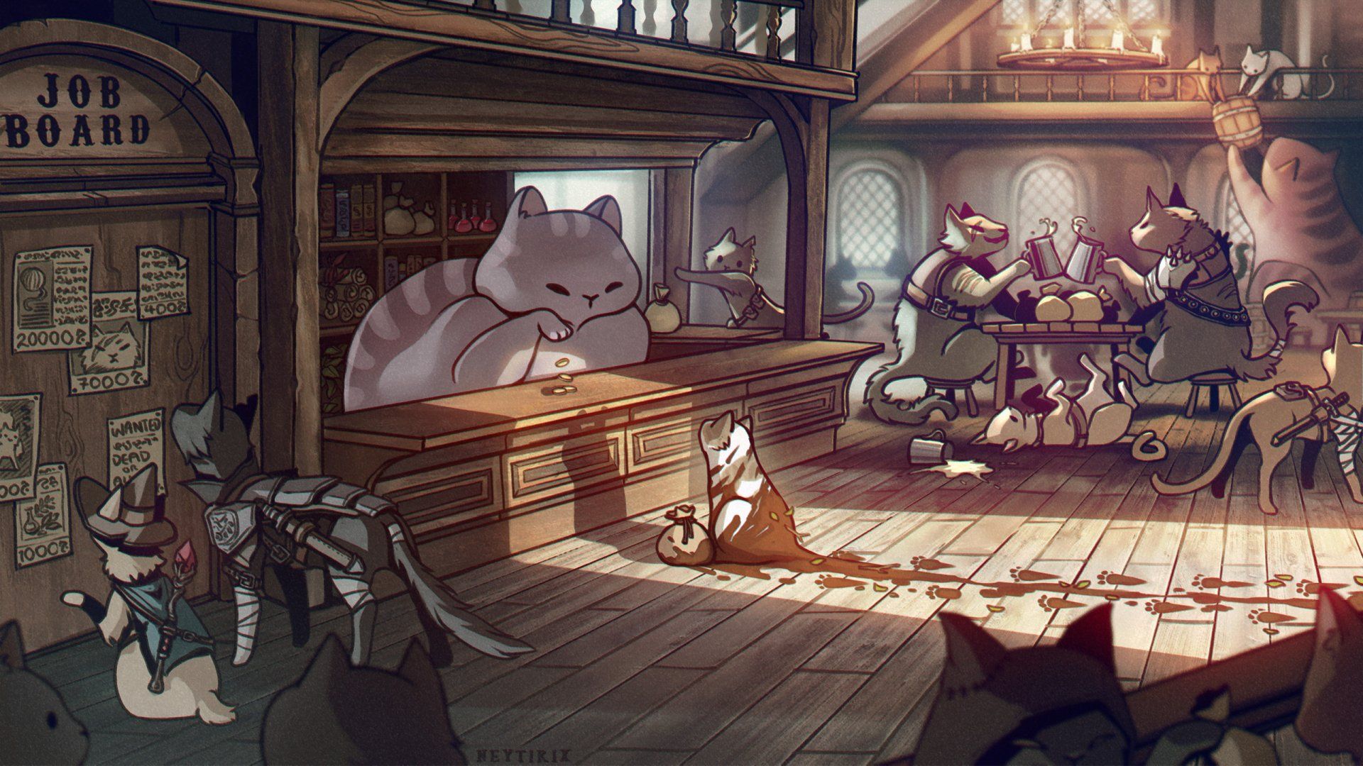 1920x1080 Armored Anime Cats in a Cozy Cafe