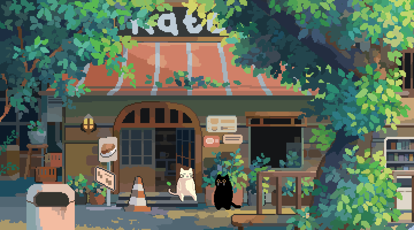 1440x800 Pixel art cafe with cats. Anime cafe with cats, Gif wallpaper google, Background desktop cute
