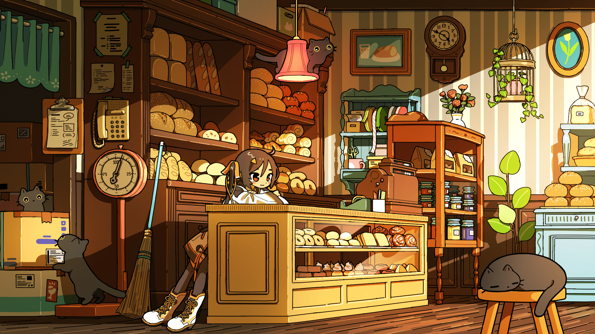 1920x1080 Bakery Daydream: Anime Girl & Cat HD Wallpaper