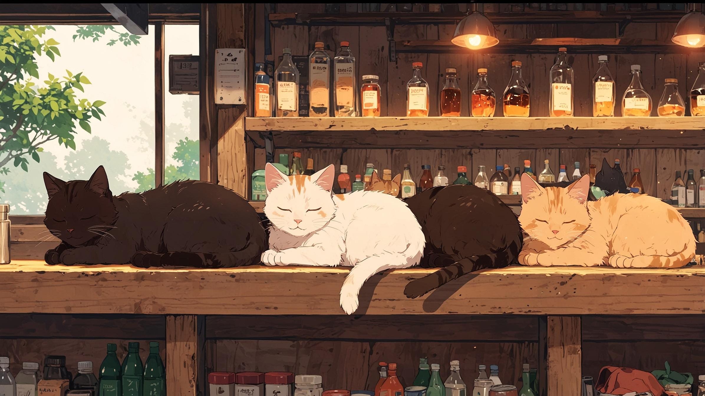 2392x1344 Cozy Cat Cafe Desktop Wallpaper. Anime Rain Ambiance (digital Download)