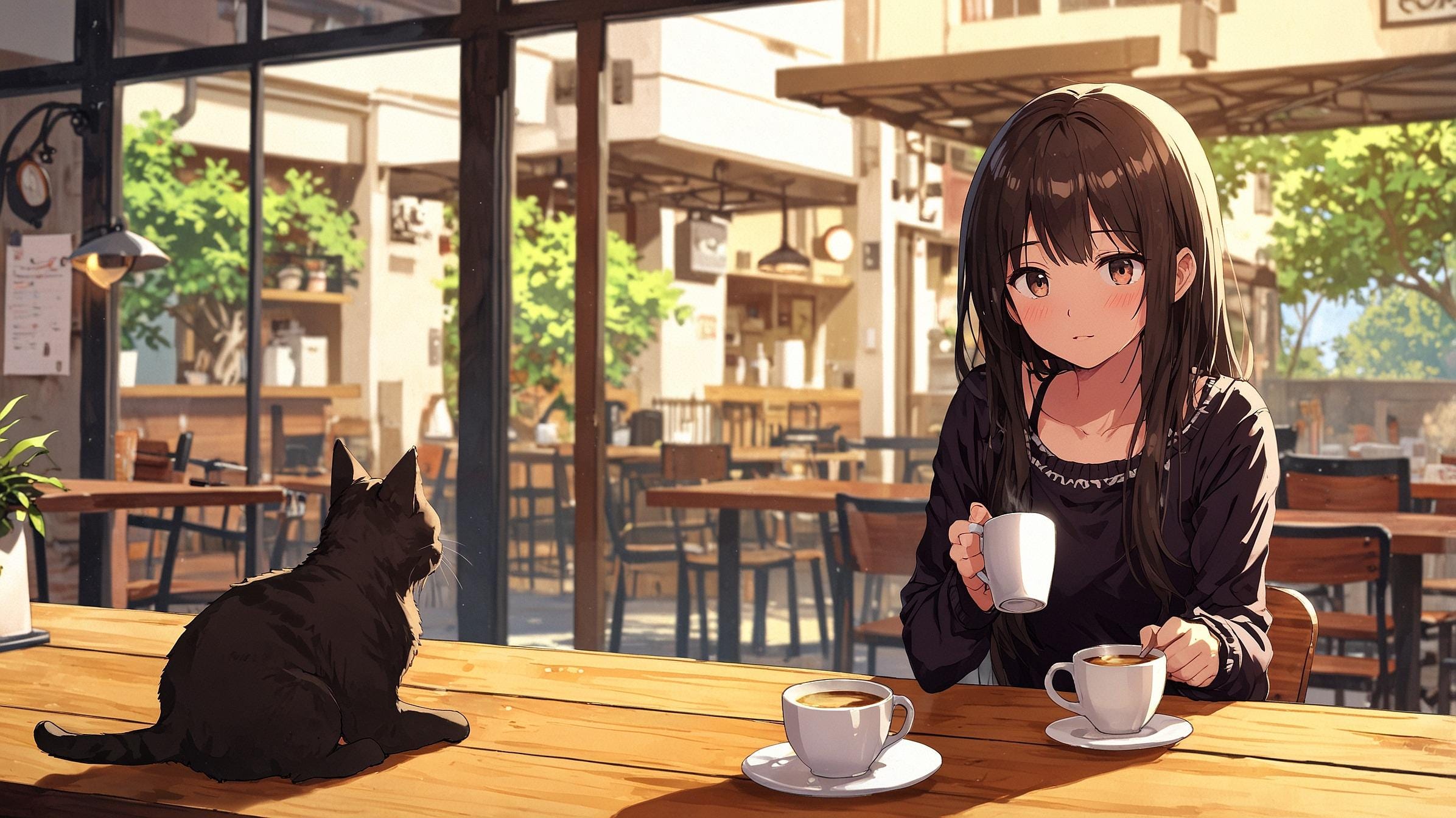 2392x1344 Cozy Cat Cafe Desktop Wallpaper. Anime Rain Ambiance (digital Download)