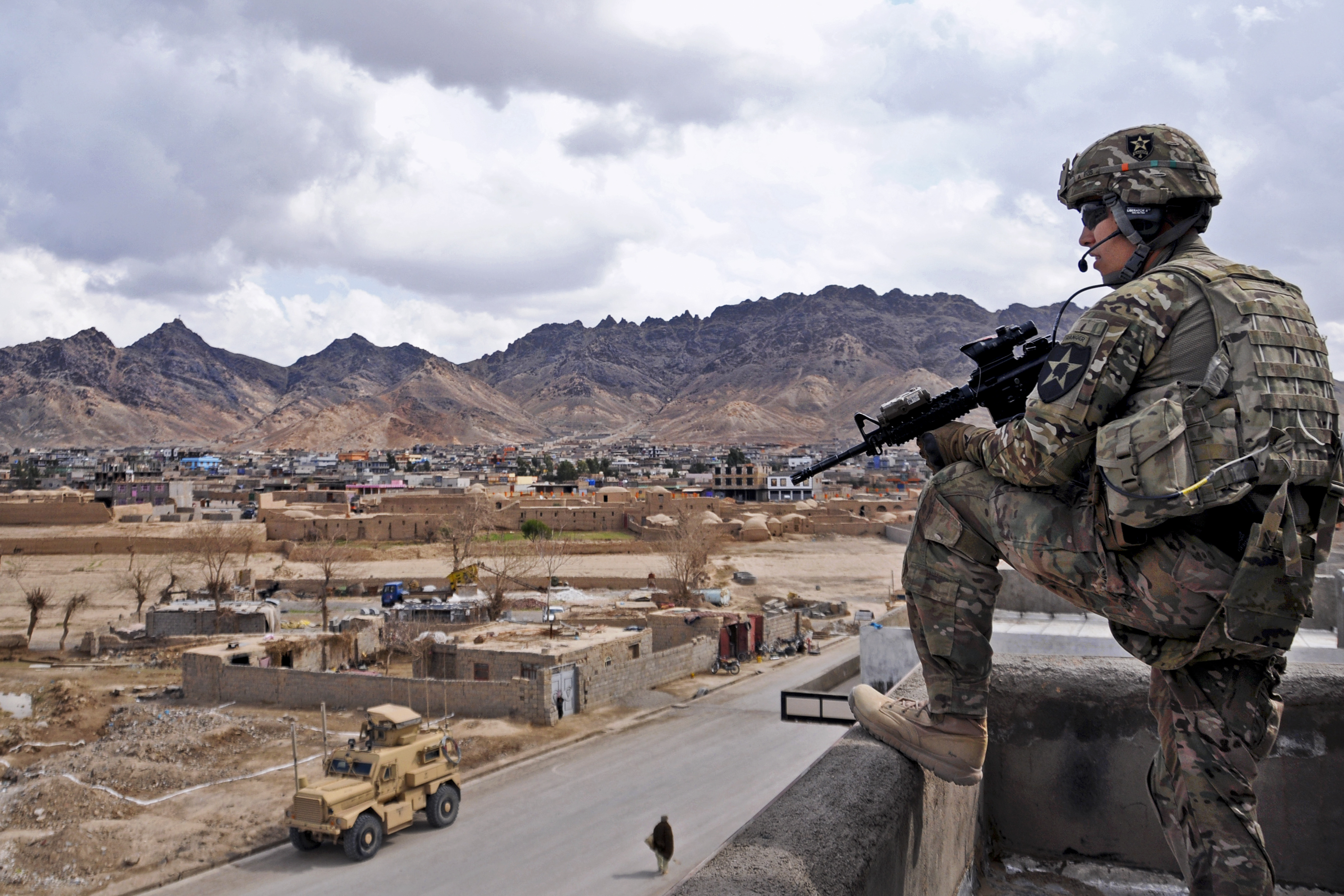 2889x1926 U.S. Army 1st Lt. Robert Wolfe provides rooftop security during a meeting in Farah City, Afghanistan, Feb. 2013. Wolfe, a platoon leader, is assigned to Provincial Reconstruction Team Farah. U.S