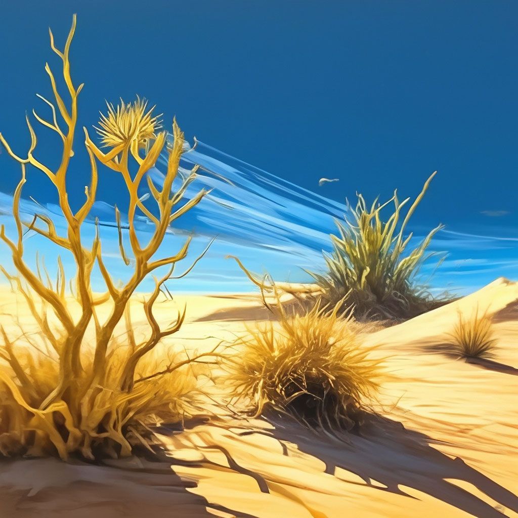 1024x1024 Landscape, desert, sand dunes, dried tumbleweed and lonely green cactus